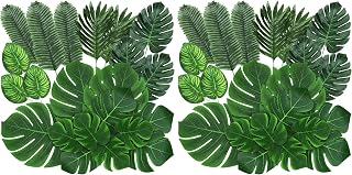 74 Pcs 7 Kinds Artificial Palm Leaves Tropical Fake Leaves, Monstera Leaf Faux Leaves for Safari Jungle Hawaiian Dinosaur Luau Party Table Decoration Wedding Birthday Theme Party