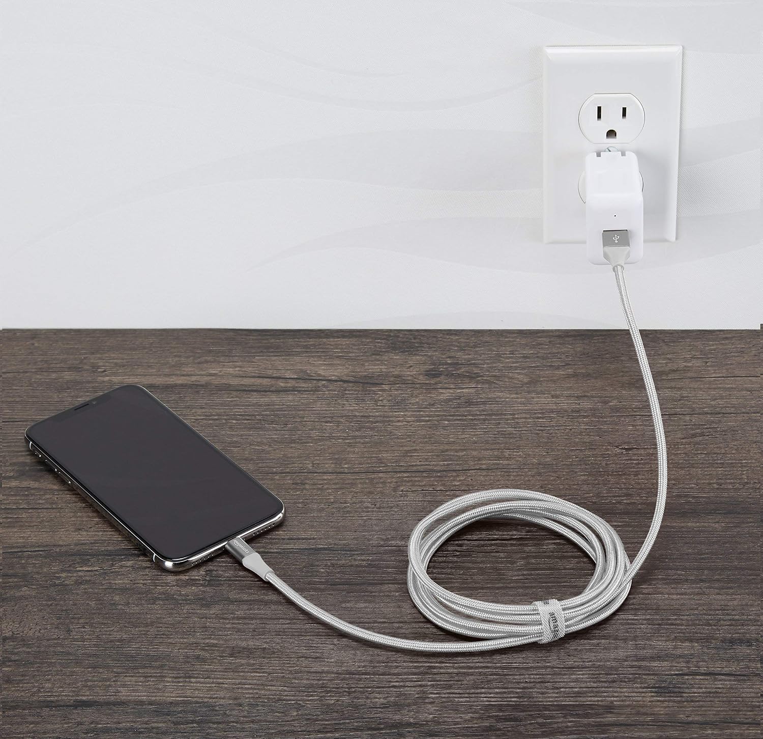 Amazon Basics Double Braided Nylon Lightning to USB Cable, Advanced Collection, MFi Certified Apple iPhone Charger, Silver, 6 Foot