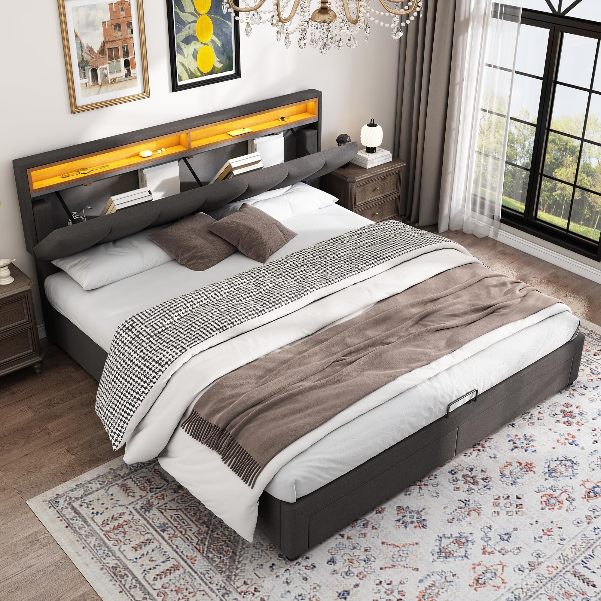Lubvtti Cama Acolchada con iluminación LED y cabecero contenedor, Cama de Matrimonio con cajones,Cama con almacenaje 180 x 200 cm,Estructura Cama con somier de láminas, Lino, Gris
