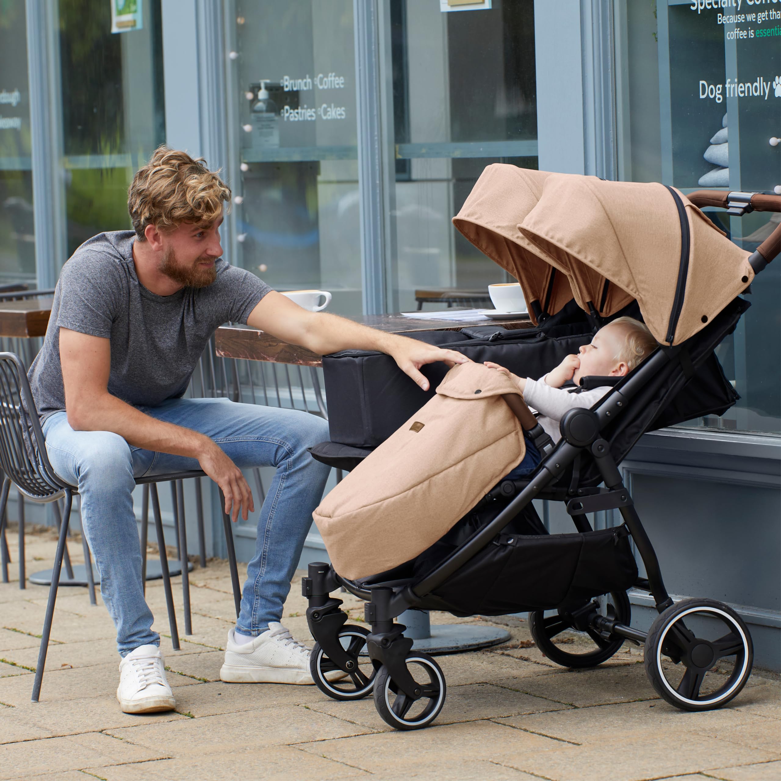 Ickle Bubba Venus Prime Doppelkinderwagen, leichter faltbarer Zwillingskinderwagen von Geburt bis 15 kg, mit Neugeborenenkokon, 2 Fußwärmern und Regenschutz