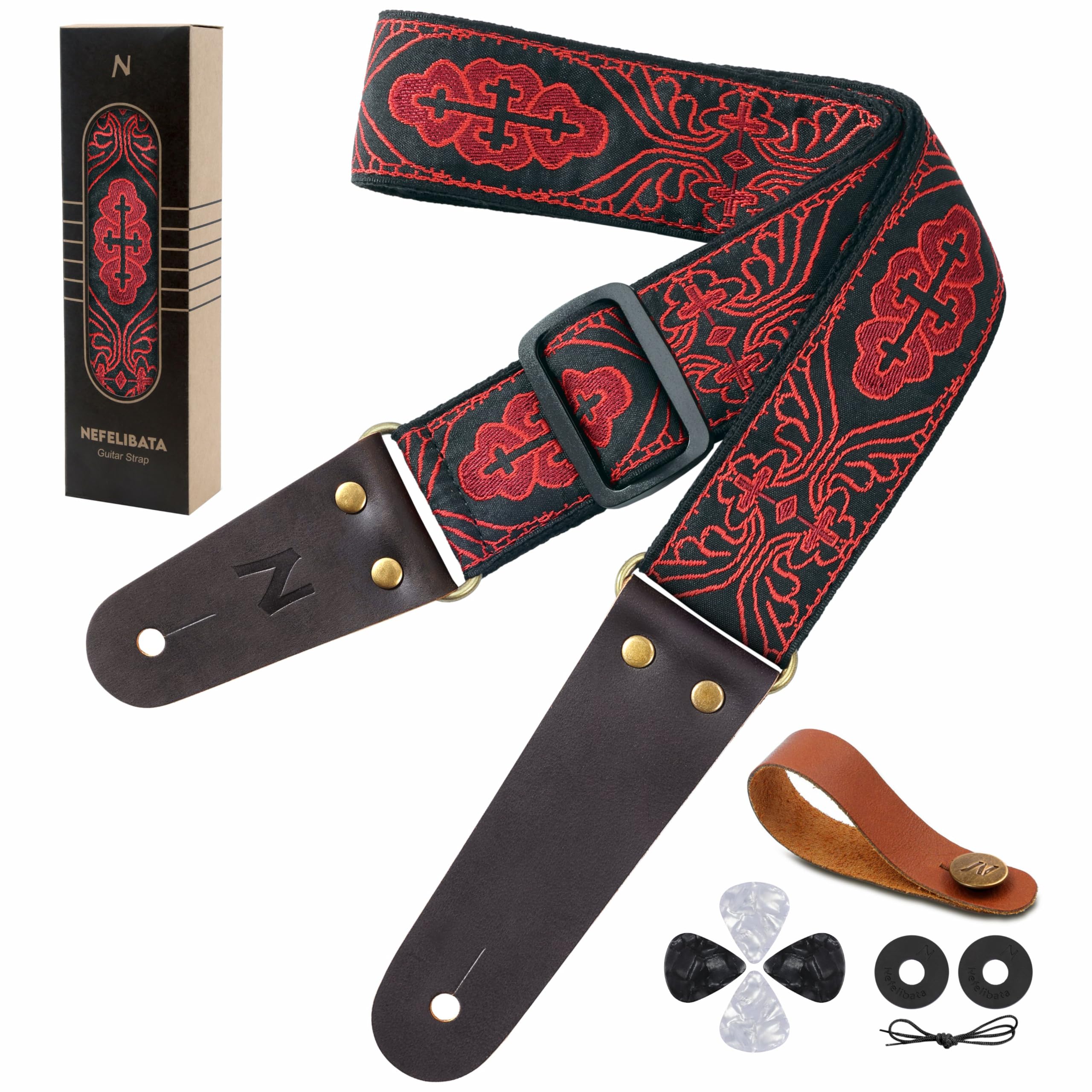 Nefelibata Guitar Strap, Red Cross Embroidery Guitar Straps with Head Cowhide Leather Ends for Bass, Electric & Acoustic Guitars, Free Strap Button, 1 Pair Strap Locks and 4 Guitar Picks