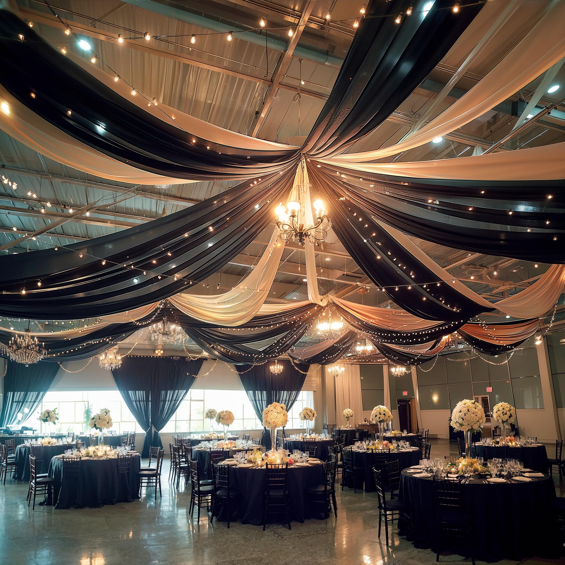 Shillance 12 pannelli, tende da soffitto nere con stringa di luci per tende da soffitto per matrimoni, 1,5 x 9,1 m, tende velate in tulle, decorazioni per casa, feste, cerimonie, palcoscenico