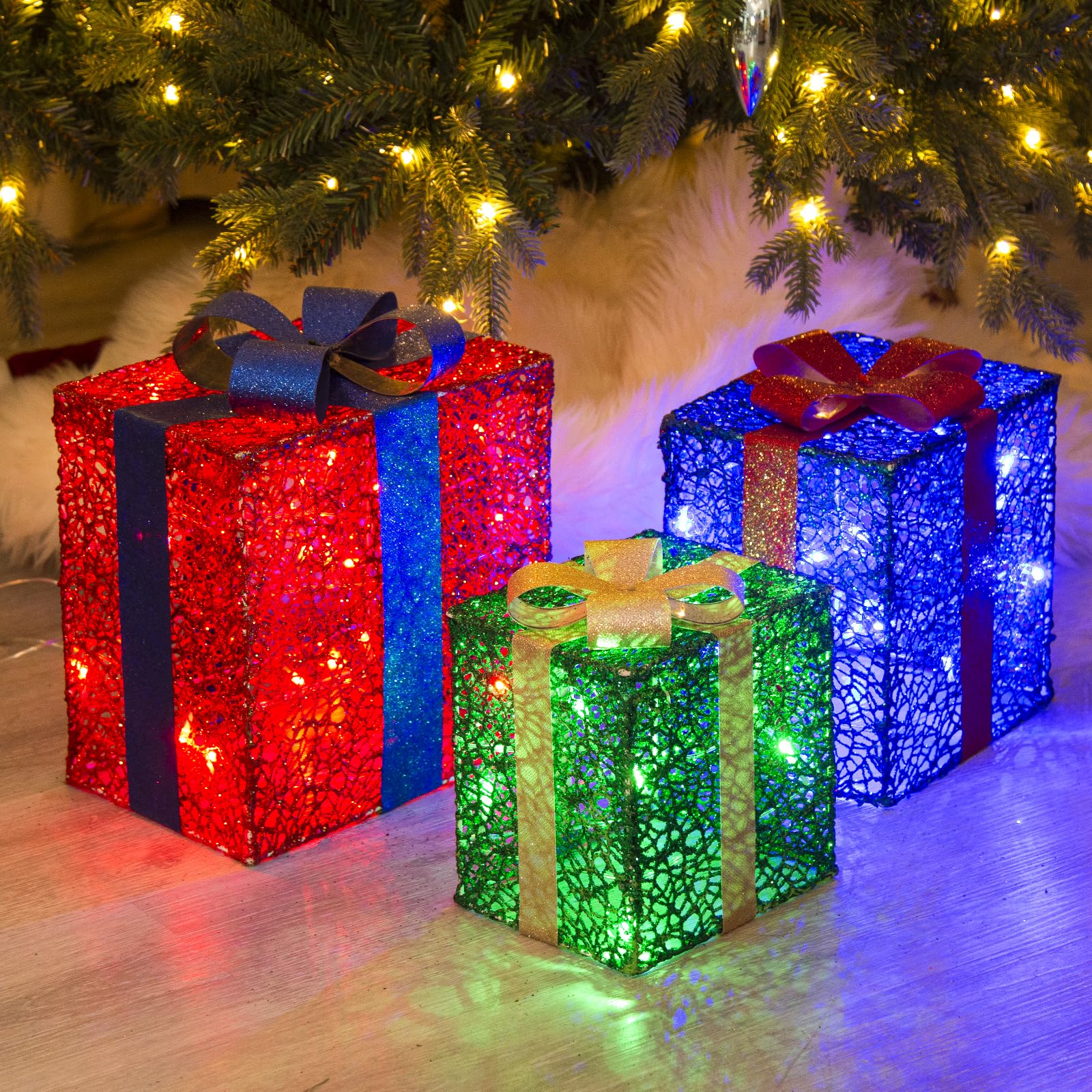 EAMBRITE 3PK Light up Boxes Multi-Colour LED Gift Box with Lights Plug in for Outdoor Christmas Decorations Gifts for Girls Kids Beloved