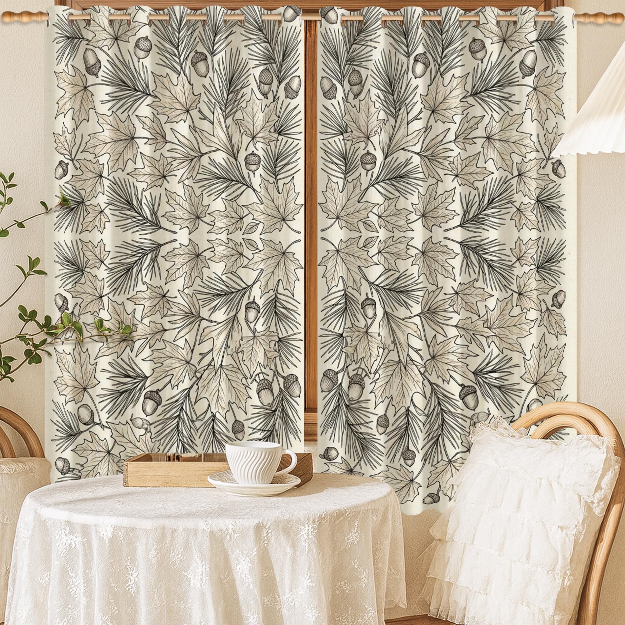 Rideau occultant thermique beige à motif feuilles d'automne pour chambre 132x137