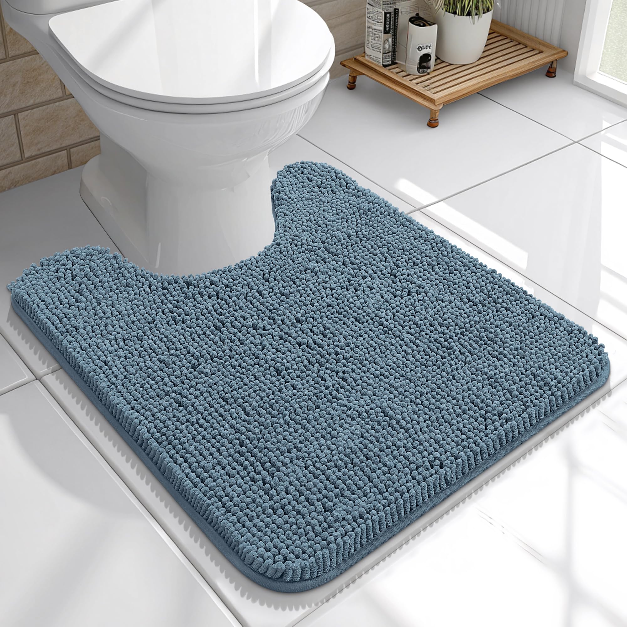OLANLY Toilet Rugs U-Shaped 20x20, Soft Absorbent Chenille Contour Rugs | Airy Blue, Quick-Drying Rubber Backing, Machine Washable Non-Slip Shaggy Bathroom Mat for Toilet, Home Decor Accessories