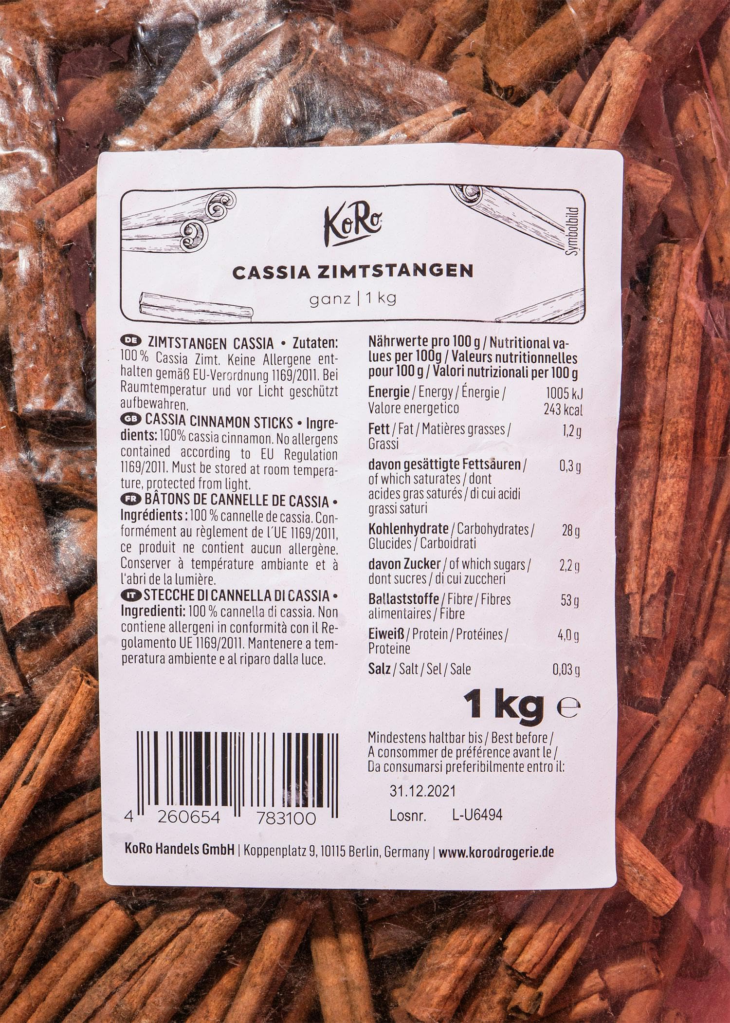 KoRo - Bâtons de cannelle Cassia 1 kg - votre approvisionnement en cannelle