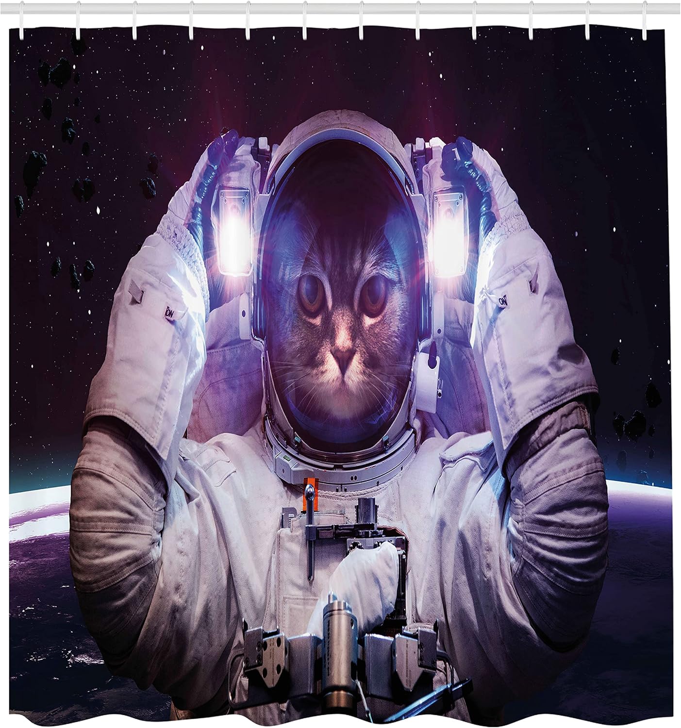 Ambesonne Space Cat Shower Curtain, Kitty in Cosmonaut Suit in Galaxy Stars Supernova Design Image, Cloth Fabric Bathroom Decor Set with Hooks, 69" W x 75" L, Dark Blue Purple