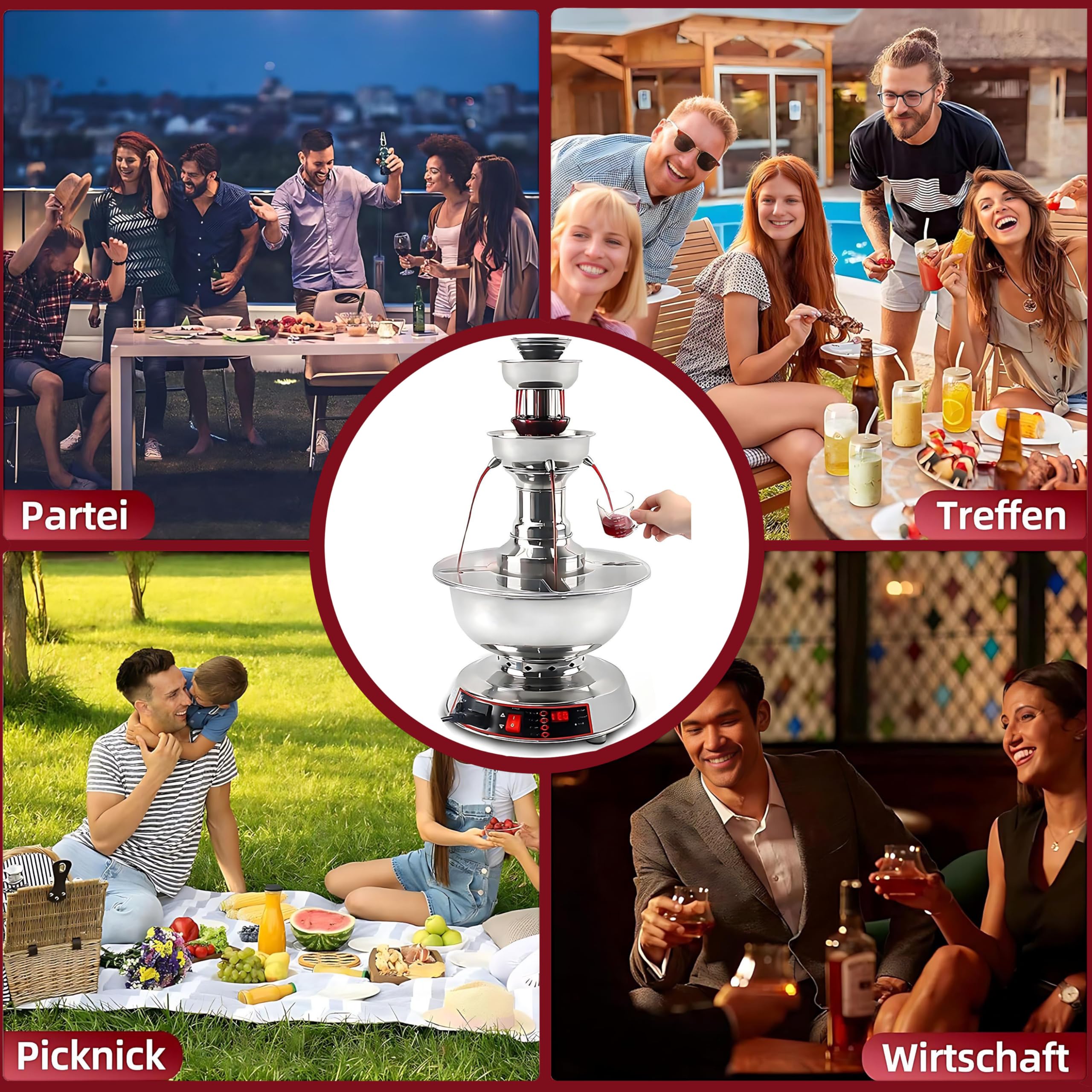 Professioneller 3-Stufiger Party-Rotweinspender - Elektrischer Getränkebrunnen mit Temperaturkontrolle (0-100°C), 3.5L - Für Hochzeit, Geburtstag & Gartenparty