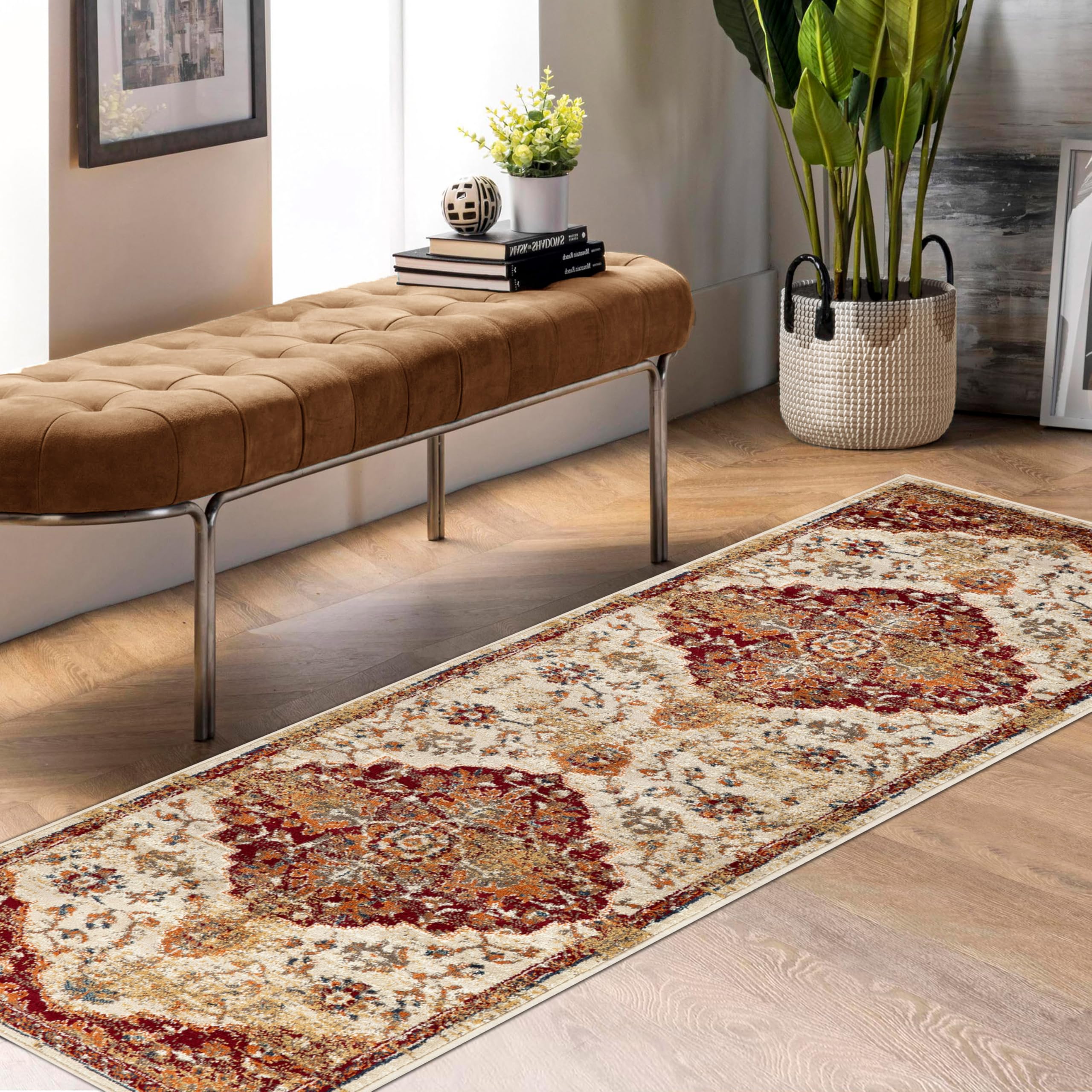 Tapis de couloir de style traditionnel crème et rouille Abena Superior