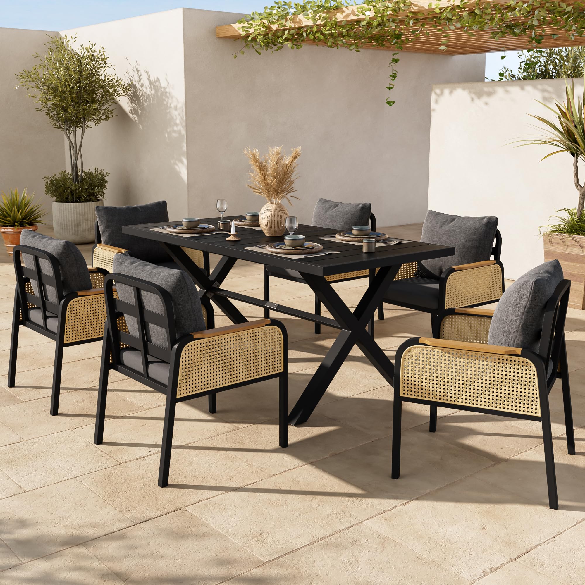Conjunto de Jardin Exterior para 6 Personas, 7 Piezas, Set Muebles Jardin con 6 Sillones de Ratán y Mesa, Sillas con Cojines, Juego de Muebles de Jardín para Terraza Patio (Negro + Natural)