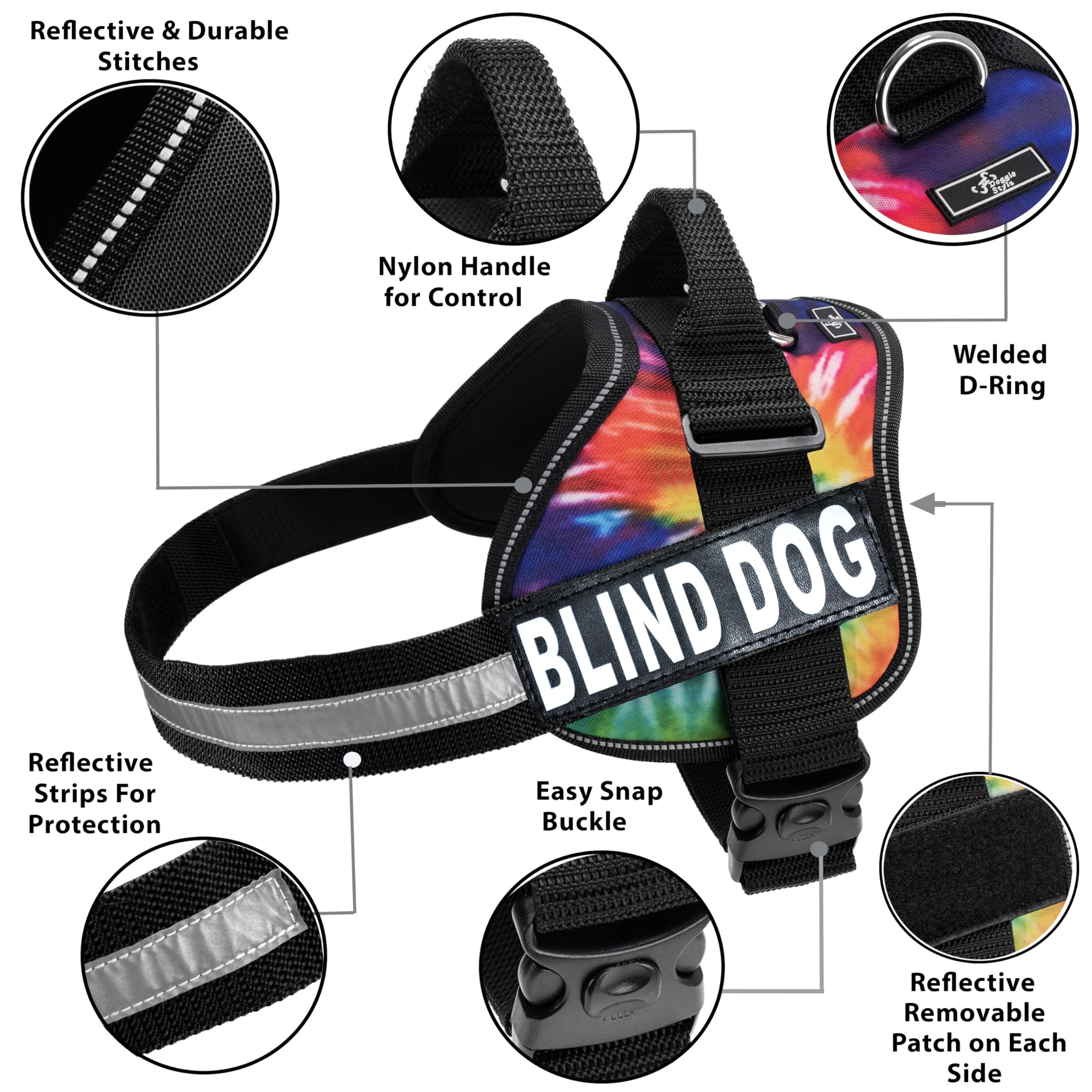 Doggie Stylz Blind Dog Harness - No Pull, No Escape Adjustable Service Dog Vest with Handle for Training & Mobility, Reflective Accessories & Patches for Blind Dogs