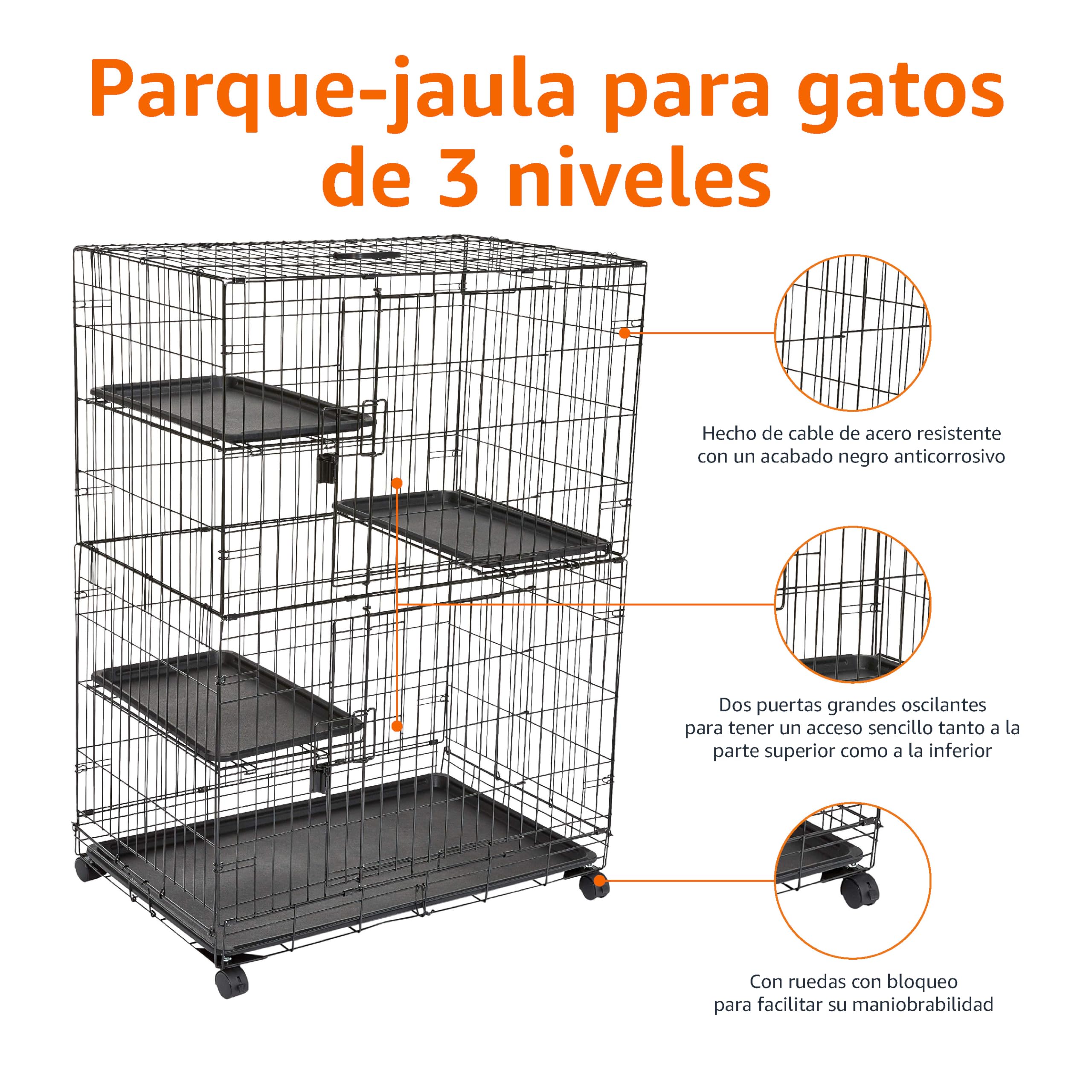 Amazon Basics Jaula grande de 3 niveles Duradero,Seguro para gato para jugar, 91 x 57 x 128,5 cm, Negro
