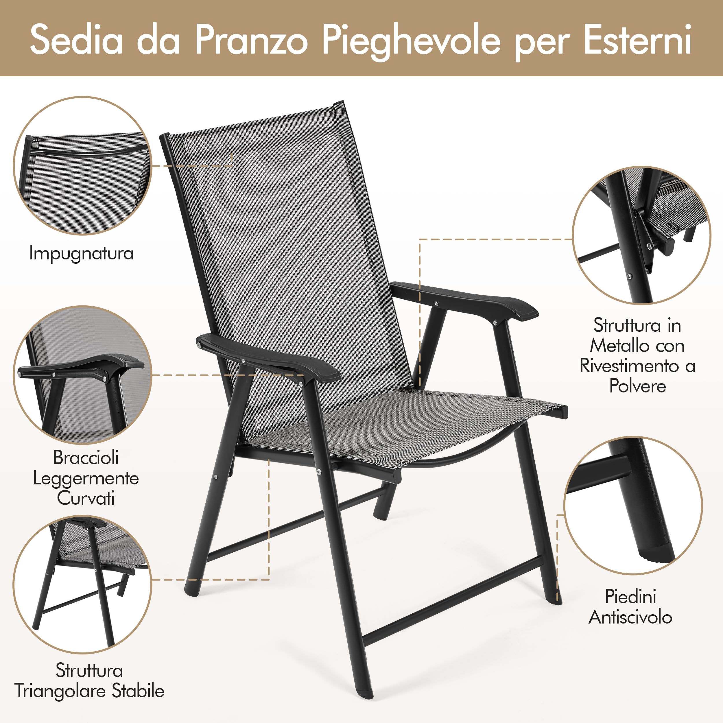 Yaheetech Set di 2 Sedie da Giardino Pieghevoli con Braccioli in Tela Grigio