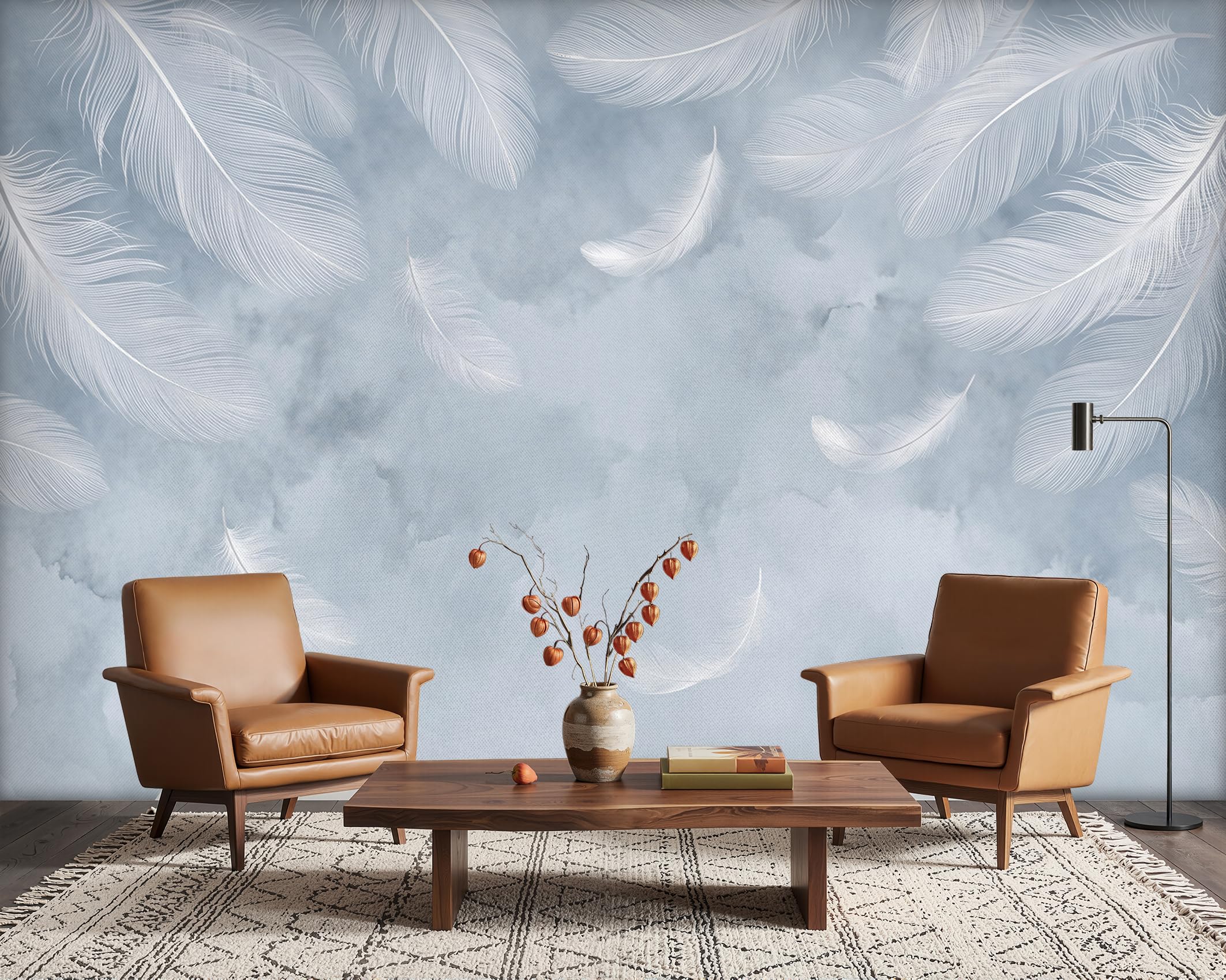 PaxGloz Elegant White Feather Wall Mural, Abstract Grey Blue Wallpaper for Living Room & Bedroom Lounge, Non-Woven Decorative Wall Art 350x256 cm