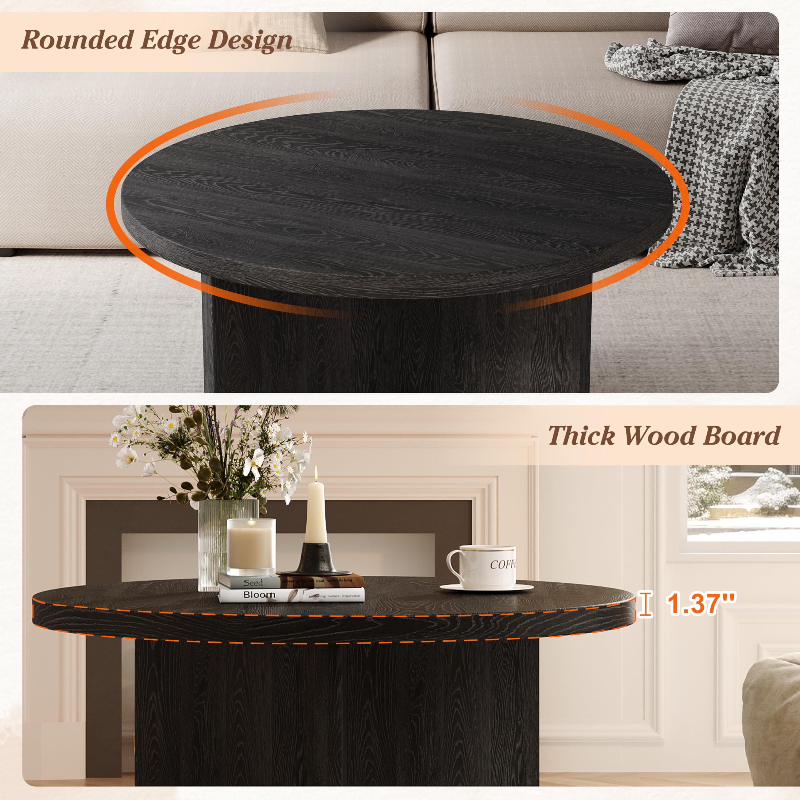 Luoxiao Round Coffee Table 27.5" Modern Black Coffee Tables for Living Room | Small Center Tables for Apartment, Rounded Edges, Sturdy Construction,Thick Tabletop, Easy Assembly, Circle Accent Table