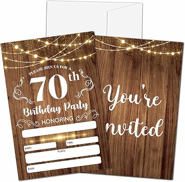 CLIRBE 70th Birthday Invitations, Birthday Party Invitations For Women Men, 70 Year Old Birthday Invites, Rustic Wood Theme Birthday Party Decorations, 20 Invitations with 20 Envelopes - A03