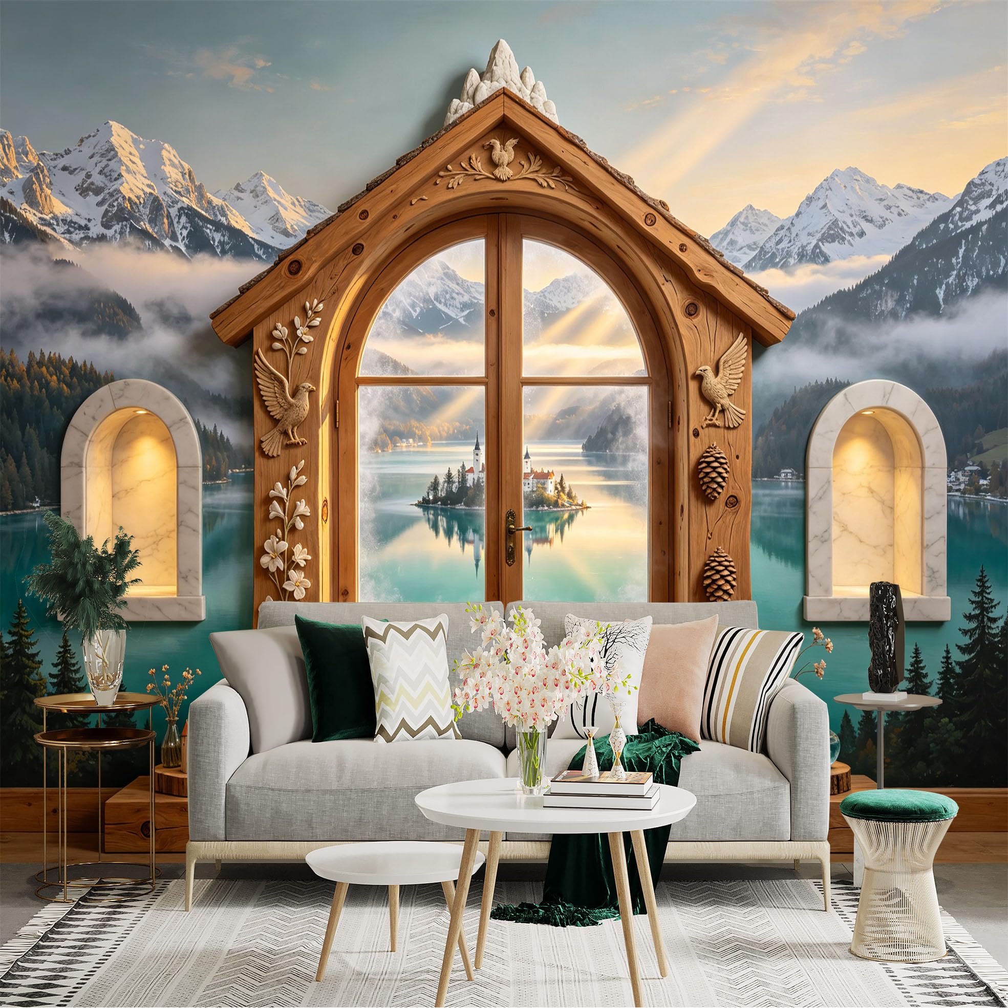 Custom Size Wall Sticker Mural， Alpine Lake View， Wooden Window Frame， Snow Mountain Scenery， Misty Forest Landscape， for wall Decoration， peelandstick wall Decals.