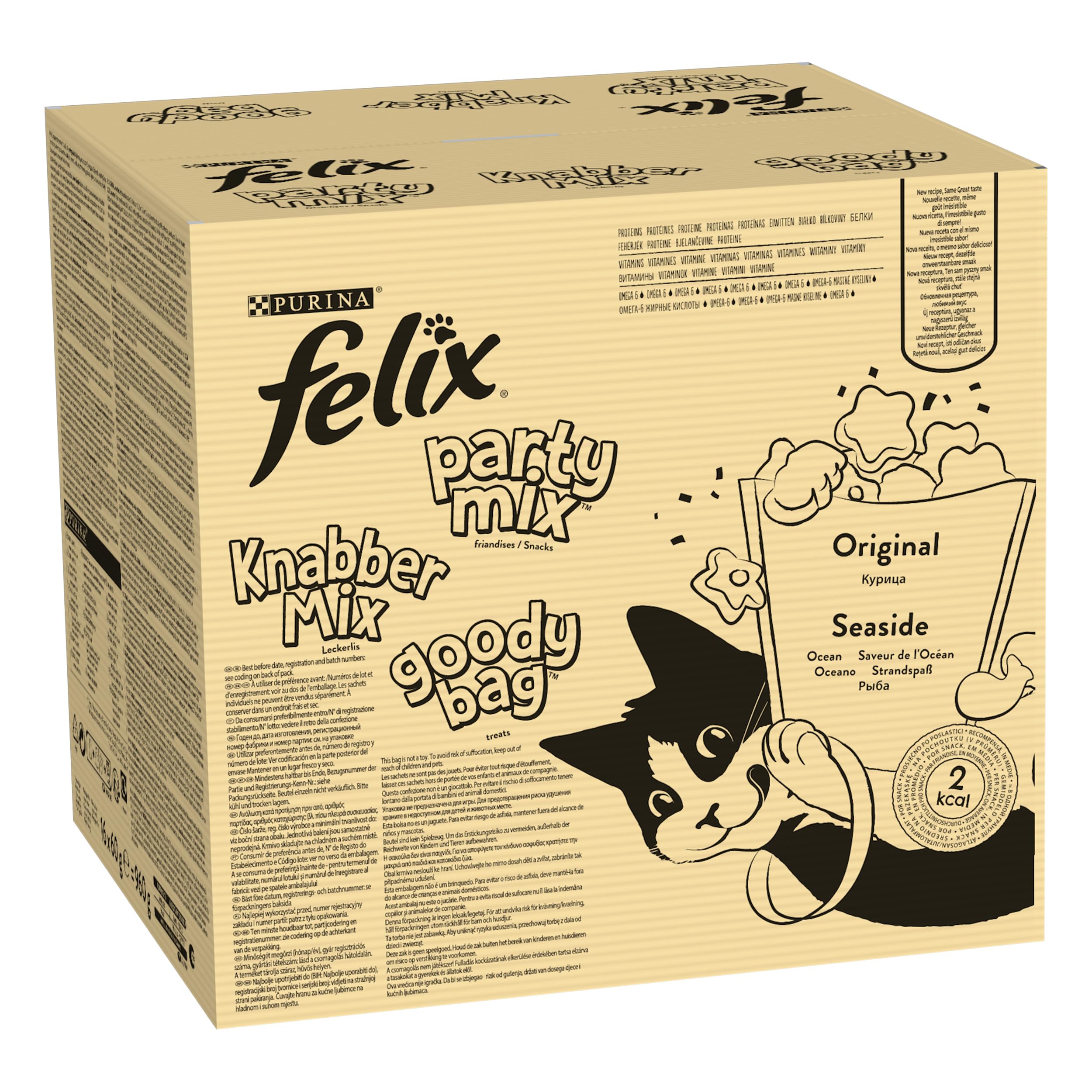 Felix Knabber Mix Original und Strandspaß, Katzensnack mit verschiedenen Sorten Mixtray, 2er Pack (8X 60g)