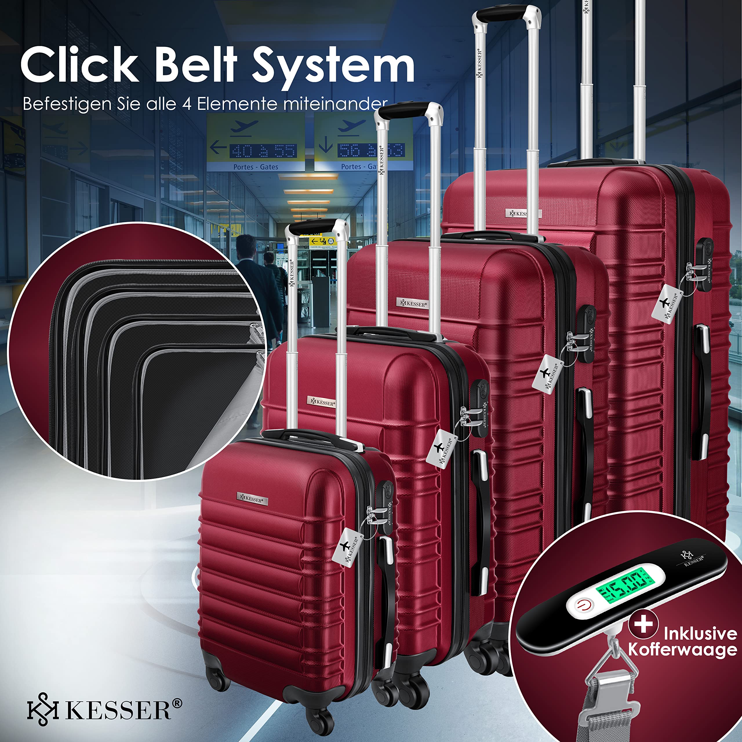 KESSER® Set di 4 valigie rigide, valigia da viaggio, set valigia trolley incl. bilancia per bagagli + etichetta per bagagli, serratura, 4 ruote ABS guscio duro manico telescopico S-M-L-XL