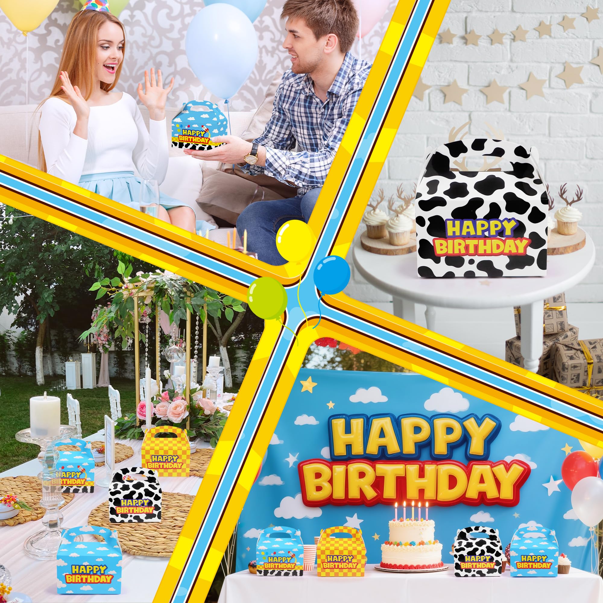 Bsenhe 16PCS Cartoon Gift Bag, Cartoon Birthday Decorations Goodie Bags Party Favor Boxes for Theme Birthday Party Supplies Sky White Cloud Cow Print Candy Bags