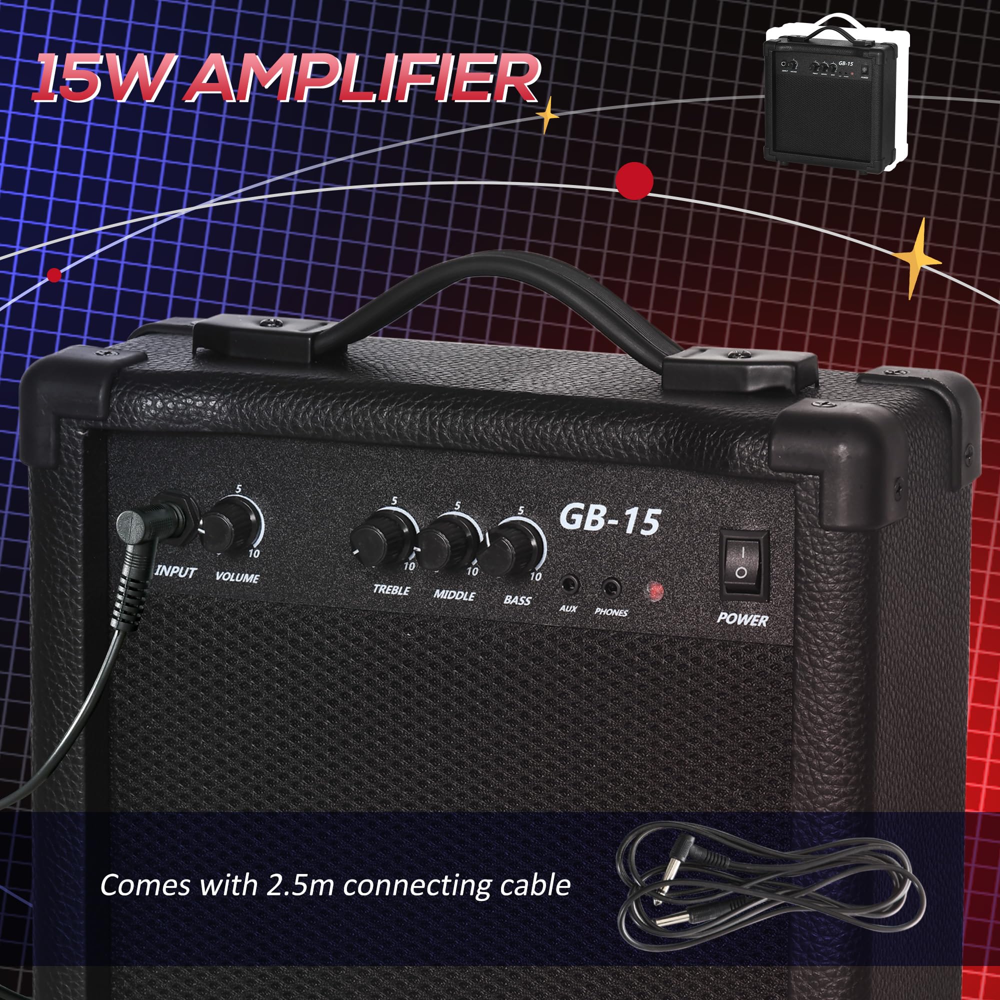 SPORTNOW Guitarra Bajo Eléctrico de 4 Cuerdas con Amplificador de 15W, Bolsa, Correa y Púas, Azul Oscuro | Bandolera, Púas