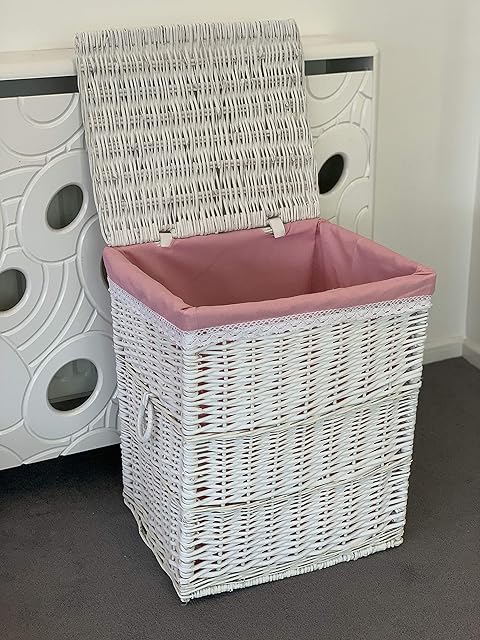 Home Delights New Large White Laundry Basket Pink Lining Bathroom Bedroom Storage Clothes Bag Basket Bin