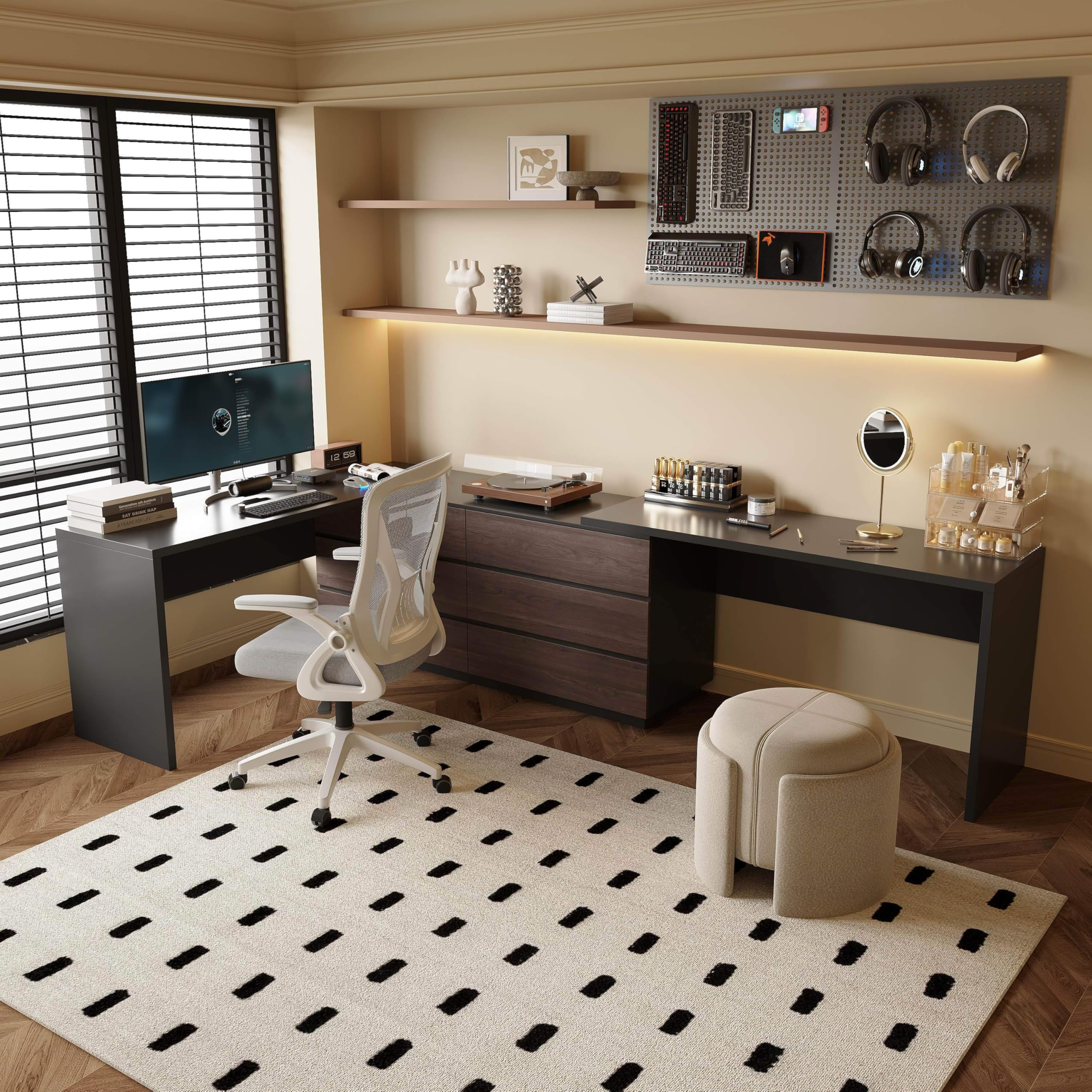 Trroec Modern Telescoping Double Desk Size 102.36-144.26 Inch Adjustable Swivel Telescoping Dresser with 6 Drawers for Bedroom, Home, Office, Black