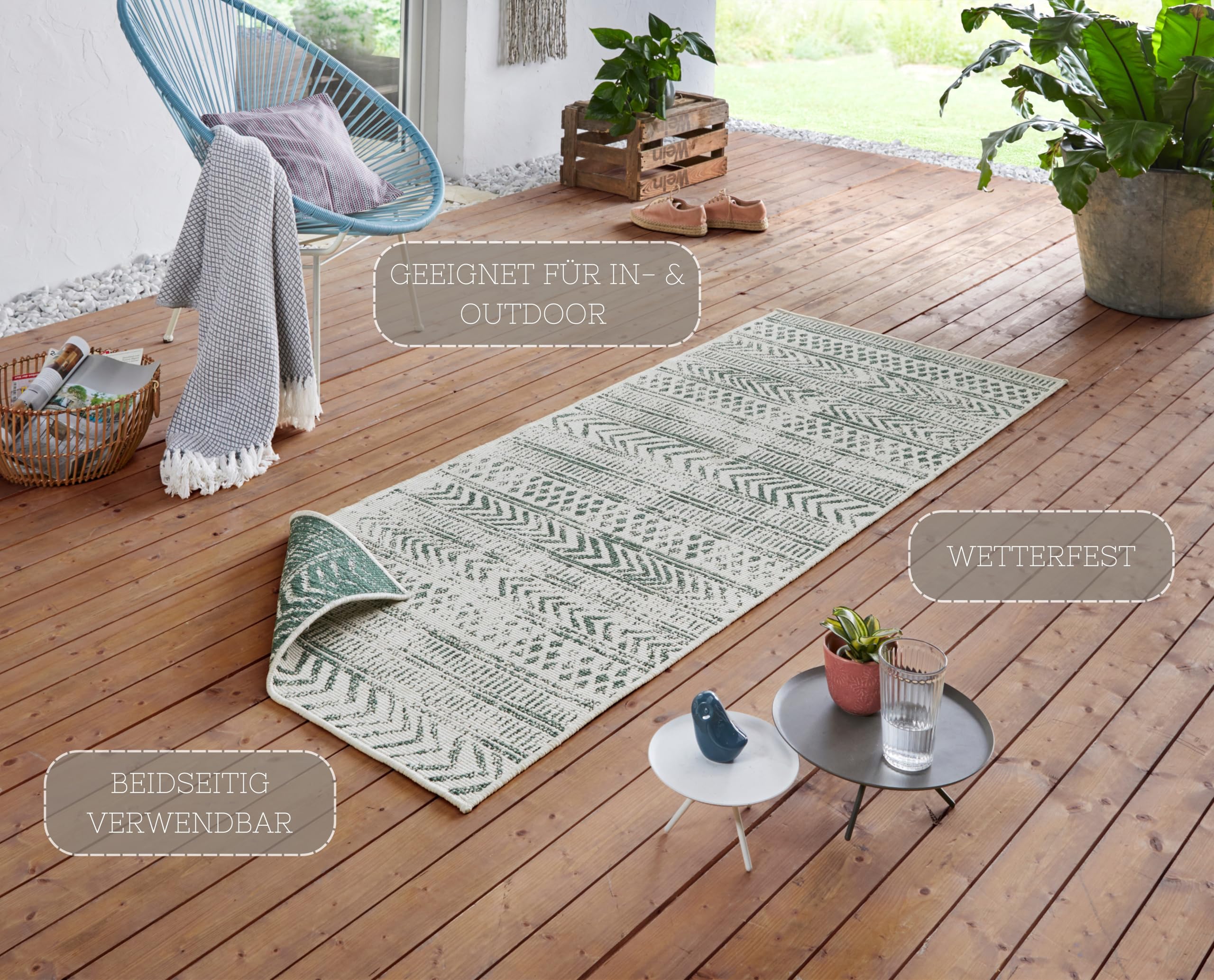 NORTHRUGS In- und Outdoor Teppich Biri 80x250cm - Wendeteppich Wetterfest Boho Style Vintage Design Läufer für Balkon Terrasse Garten Wintergarten Wohnzimmerteppich Wasserfest in Grün Creme