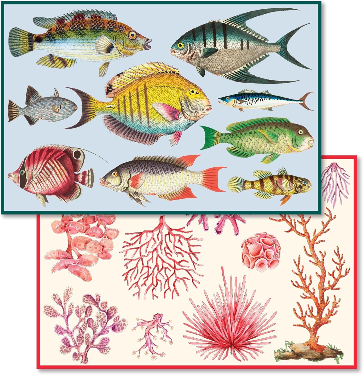 Paper Placemats 12x18 inch Disposable 24 Pack, 2 Tropical Fish & Coral Reef Designs, Coastal Beach House Summer Party Sushi Seafood Table Decor, Tear-Off Pad Hosting Supplies Home Travel Gift