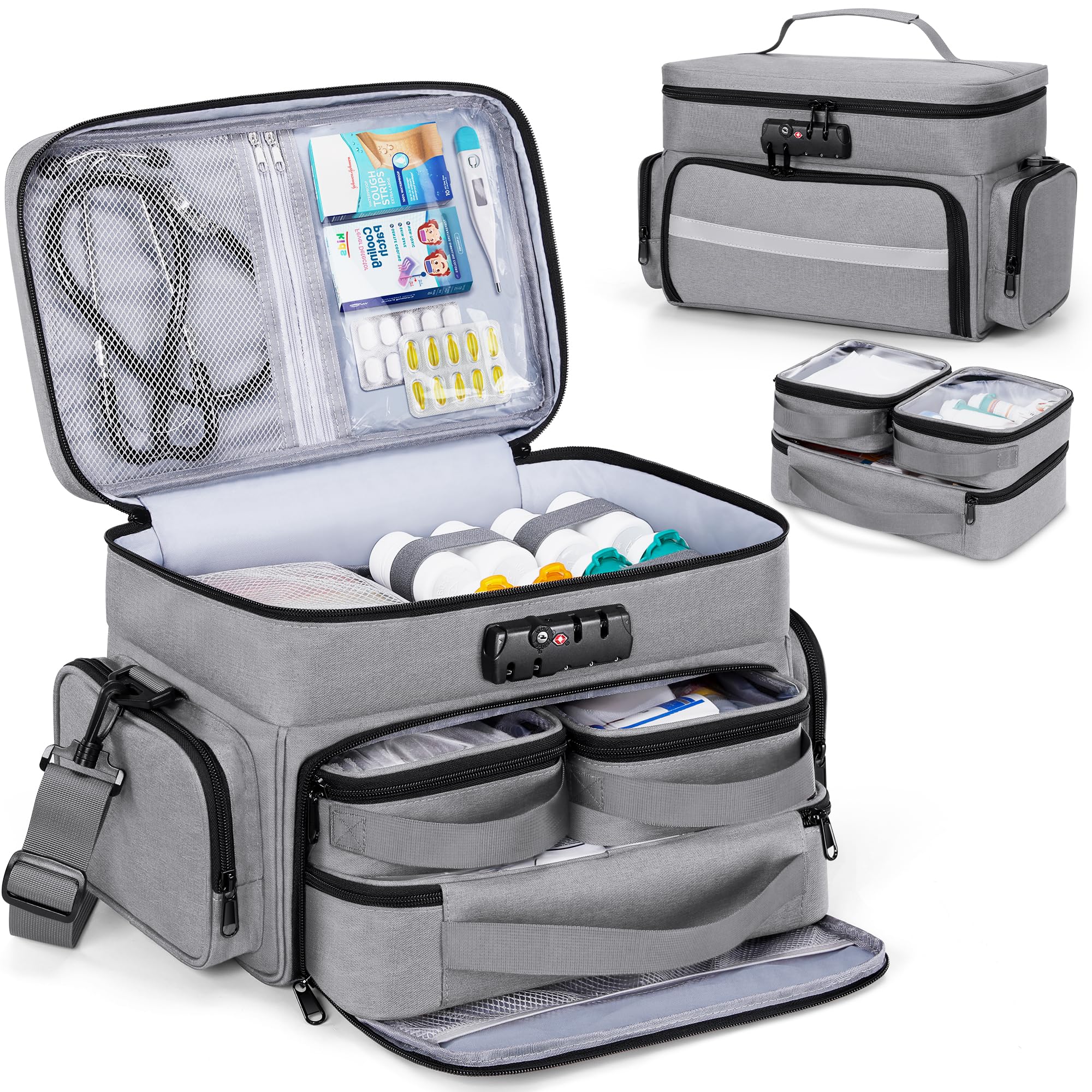 Zannaki Medicine Bag with 3 Removable Pouches First Aid Bags Empty with Combination Lock Double Layers Pill Bottle