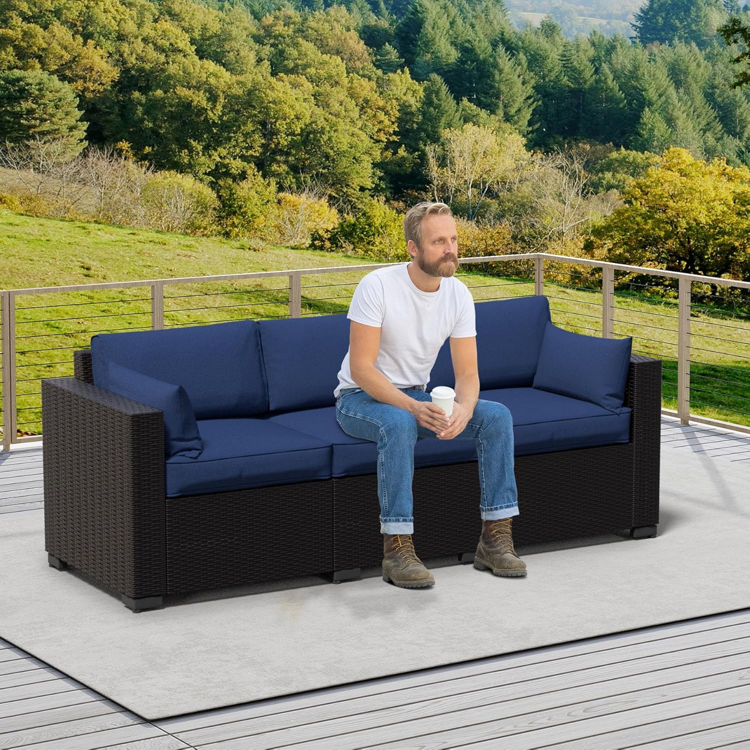 3-Seat Wicker Sofa Patio PE Wicker Couch Furniture,3pcs Patio Sofa Set Outdoor Rattan Couch Steel Frame with Cover and Deep Seat High Back Patio Furniture Sets (Dark Blue + Black Rattan, 3pcs)