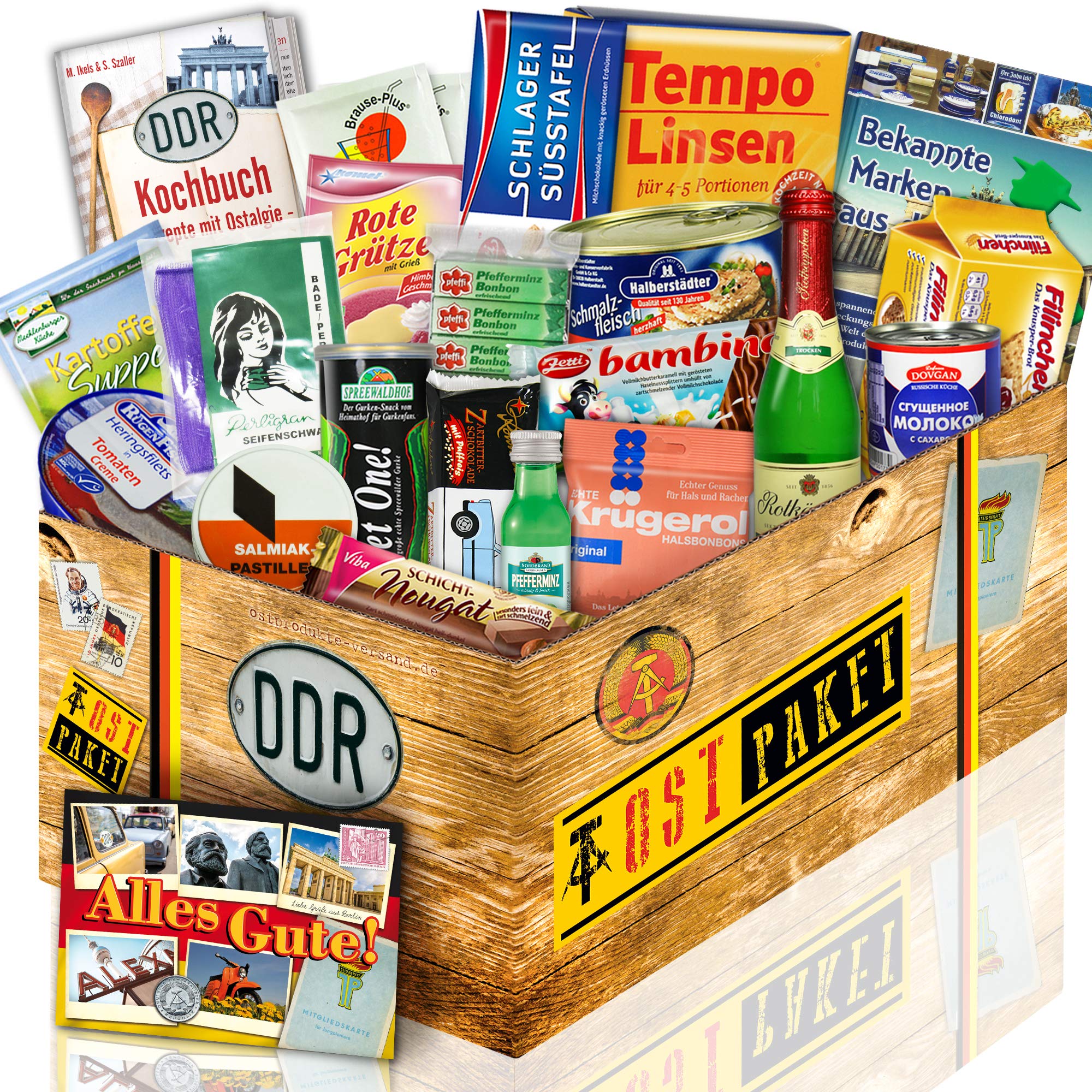 Ostprodukte DDR Spezialitäten Box - 18er Geschenkset inklusive Kochbuch | Großes Ostpaket mit Trabi Schokolade, Rotkäppchen Sekt, Zetti und Pfeffi - Ideales Präsentkörbe Set für Geburtstag