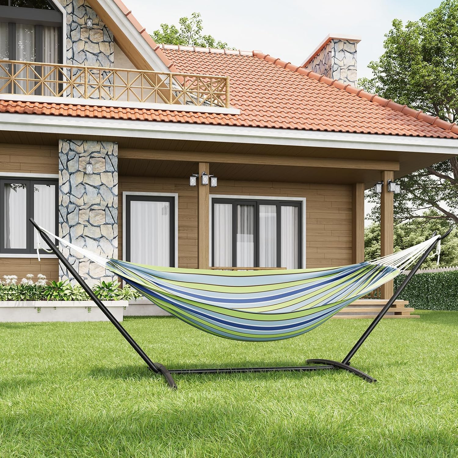 Double Hammock with Steel Stand, Outdoor Portable Hammocks Accommodates with 450Lb Capacity 2 People& Portable Carry Bag for Outside Camping Garden Yard,Blue Green