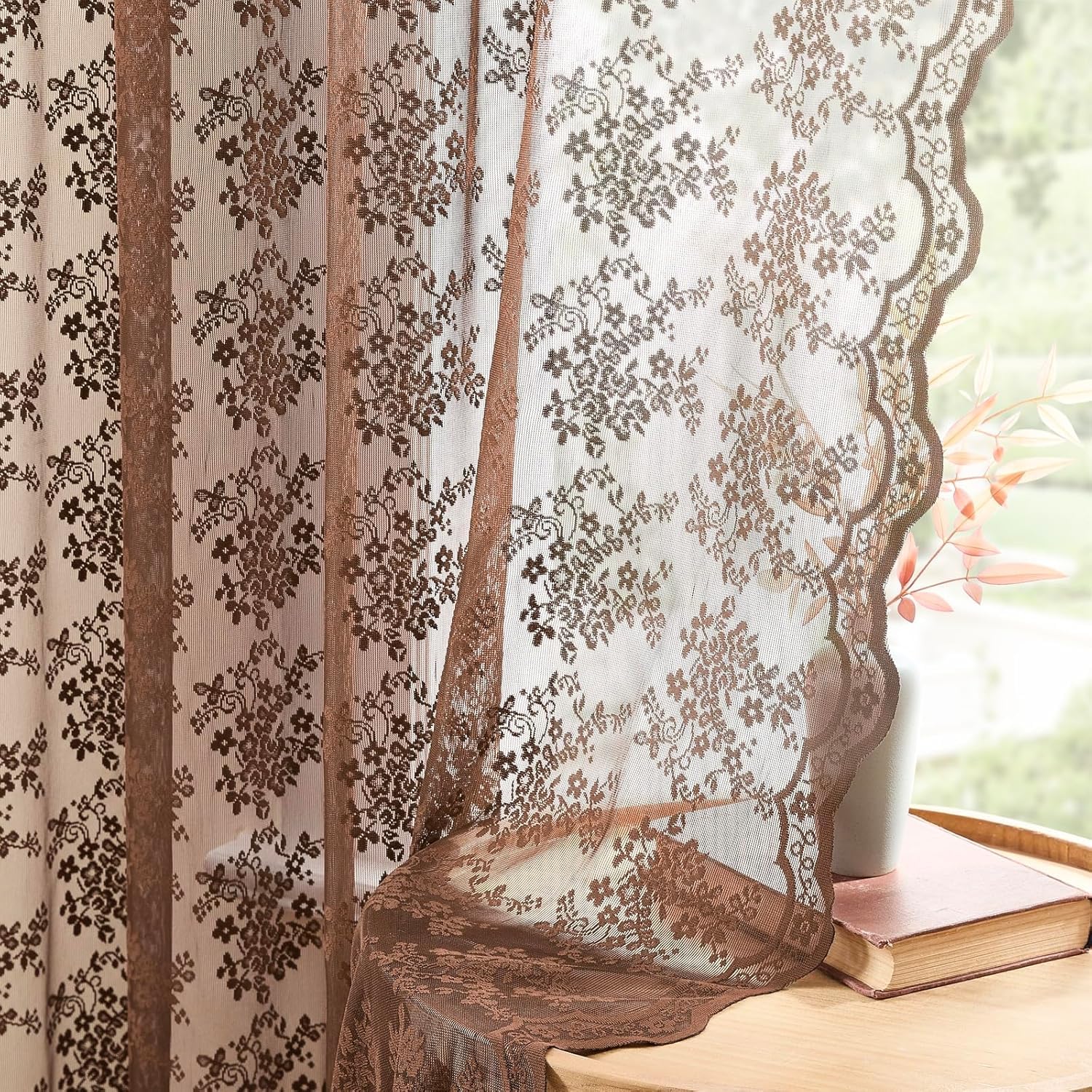 YJ YANJUN Brown Net Curtains for Windows 54 Drop Vintage Victorian Floral Sheer Lace Curtains for Bedroom Short Window Voile Rod Pocket - 2 Panels 52 W x 54 L Inch(132cm x 137cm) — image 1