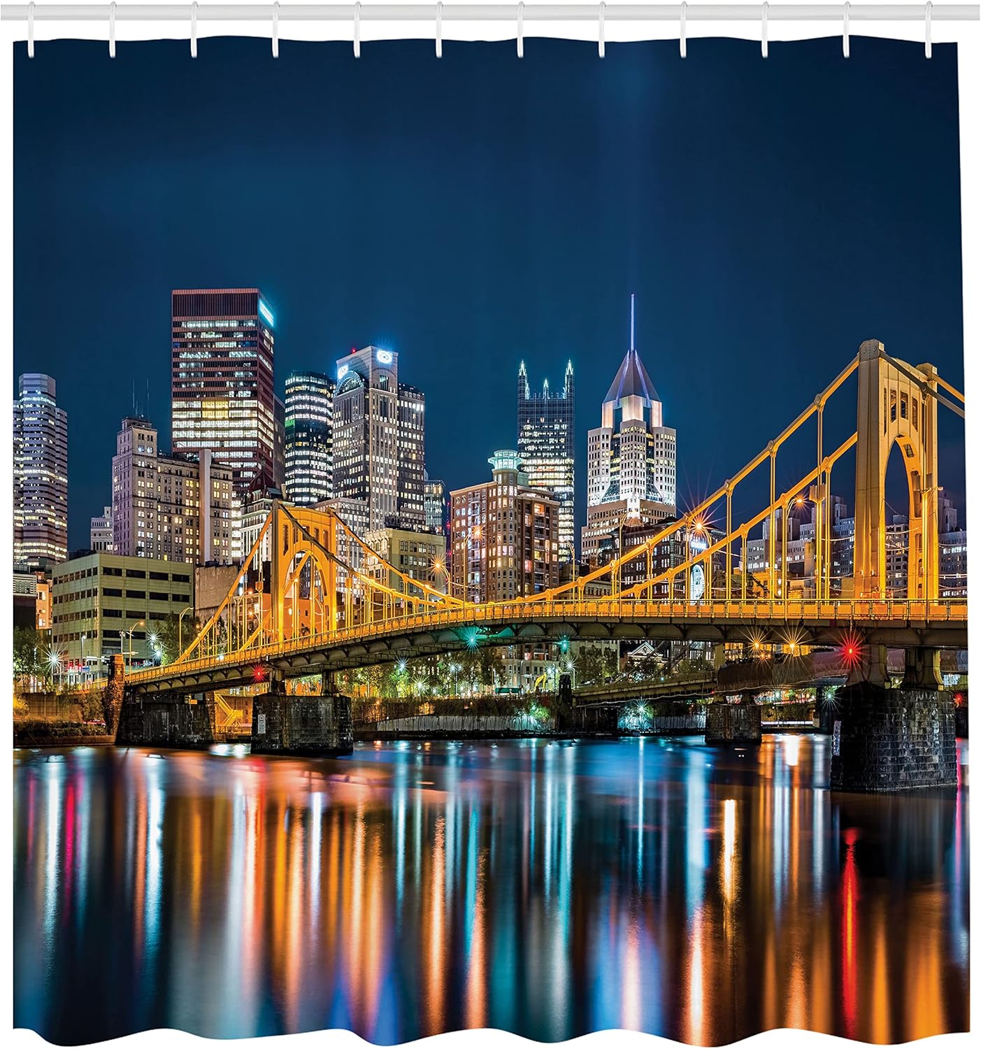 Ambesonne City Pittsburgh Shower Curtain, Rachel Carson Bridge and Reflection on River Landscape Nighttime, Cloth Fabric Bathroom Decor Set with Hooks, 69" W x 75" L, Dark Blue Amber