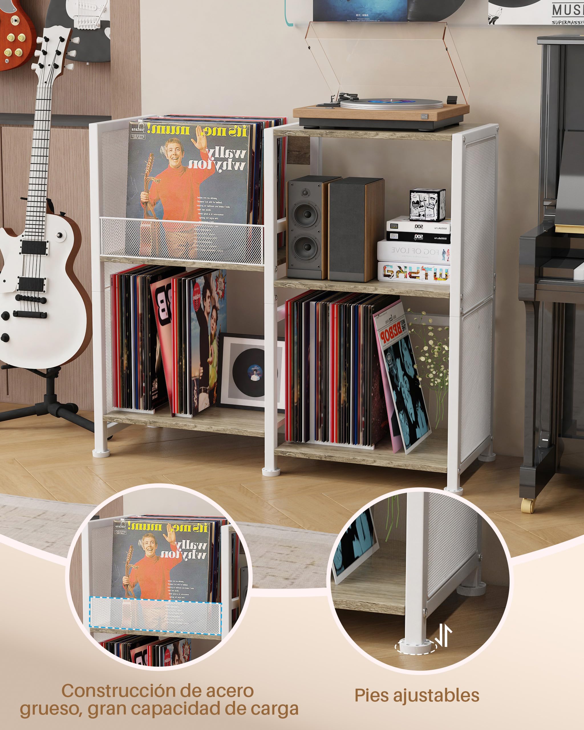 Soporte para tocadiscos, armario de almacenamiento para discos de vinilo | soporte para tocadiscos con espacio de almacenamiento para discos de vinilo para hasta más de 200 álbumes, Blanco