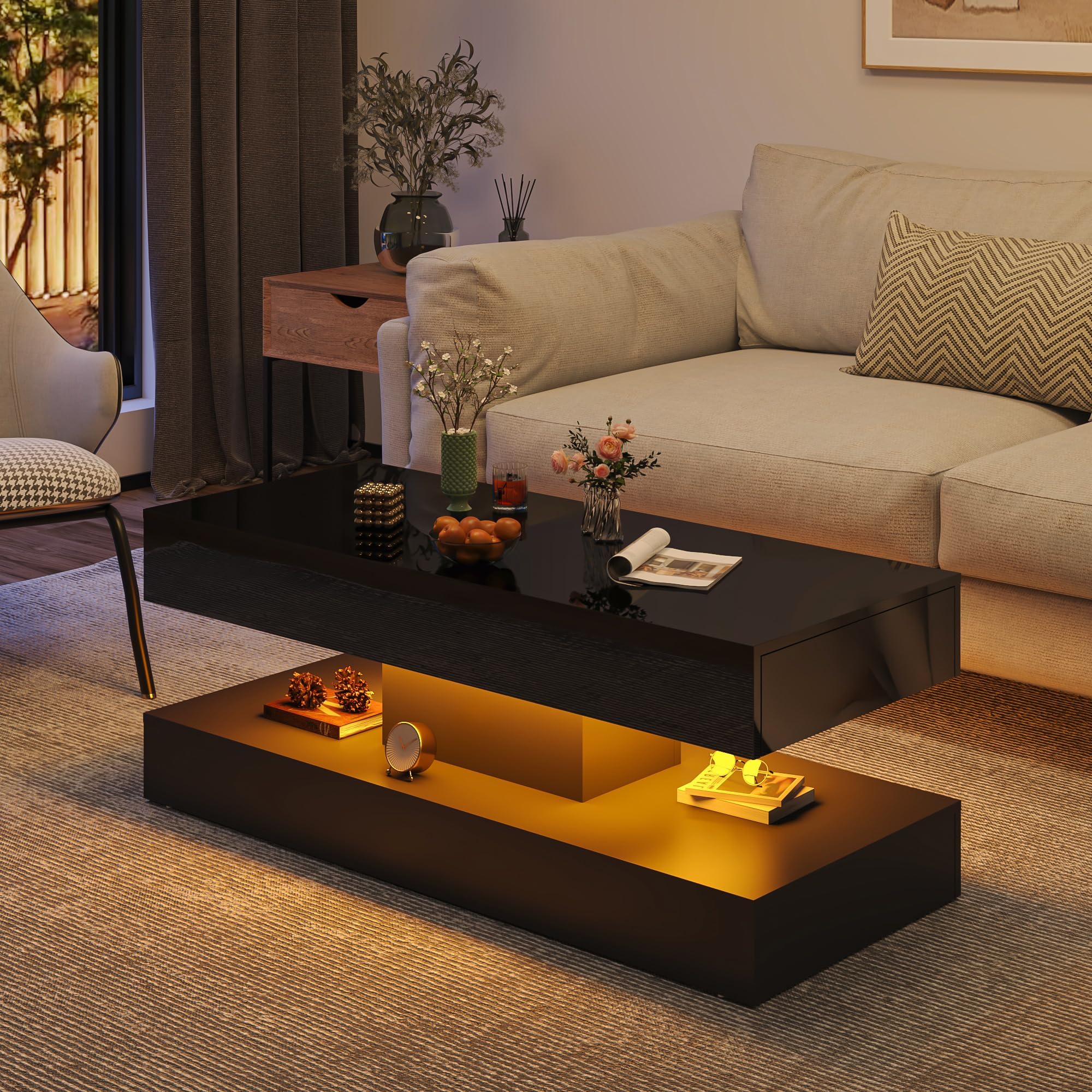 - Uspeedy 47.3in Large High Glossy LED Coffee Table with 2 Storage Drawers,Black/White Modern Coffee Tables for Living Room,Living Room Tables,APP LED Lights (Black)