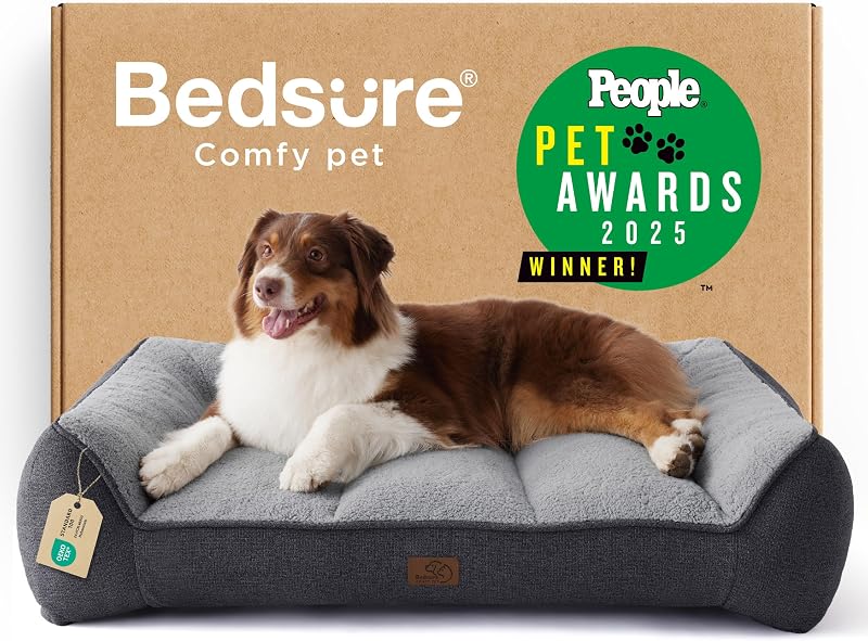 Bedsure SupportMax™ Camas ortopédicas extra gruesas para perros Perro de gran tamaño | Sofá de apoyo premium de 38 pulgadas para perros mayores, funda lavable extraíble resistente al agua, sofá grande y cómodo para mascotas con sherpa, gris