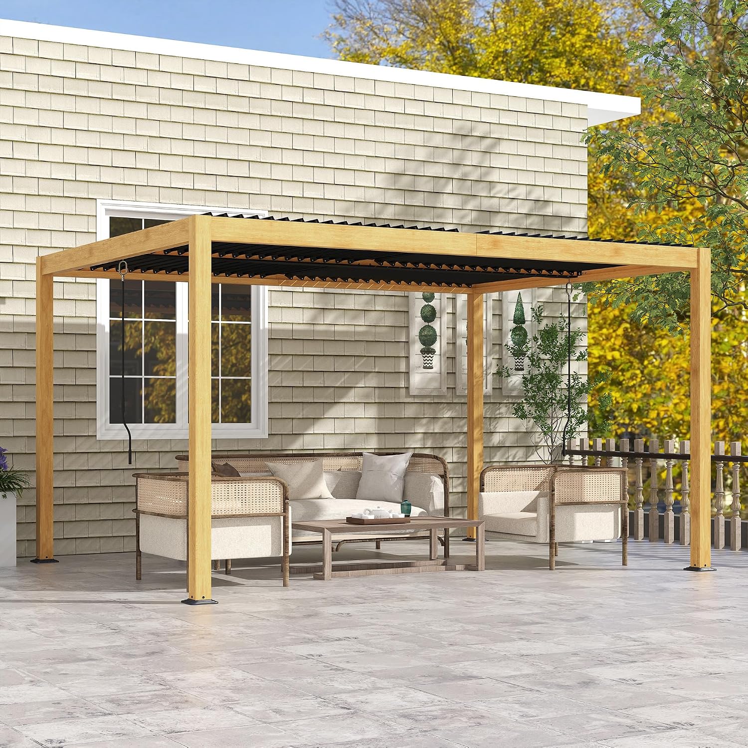 Aluminum Louvered Pergola with Adjustable Roof, 10' x 13' Hardtop Gazebo, Natural Wood with Dark Gray Roof, Waterproof, Rectangular, for Patio, Deck, Garden, Yard, Beach