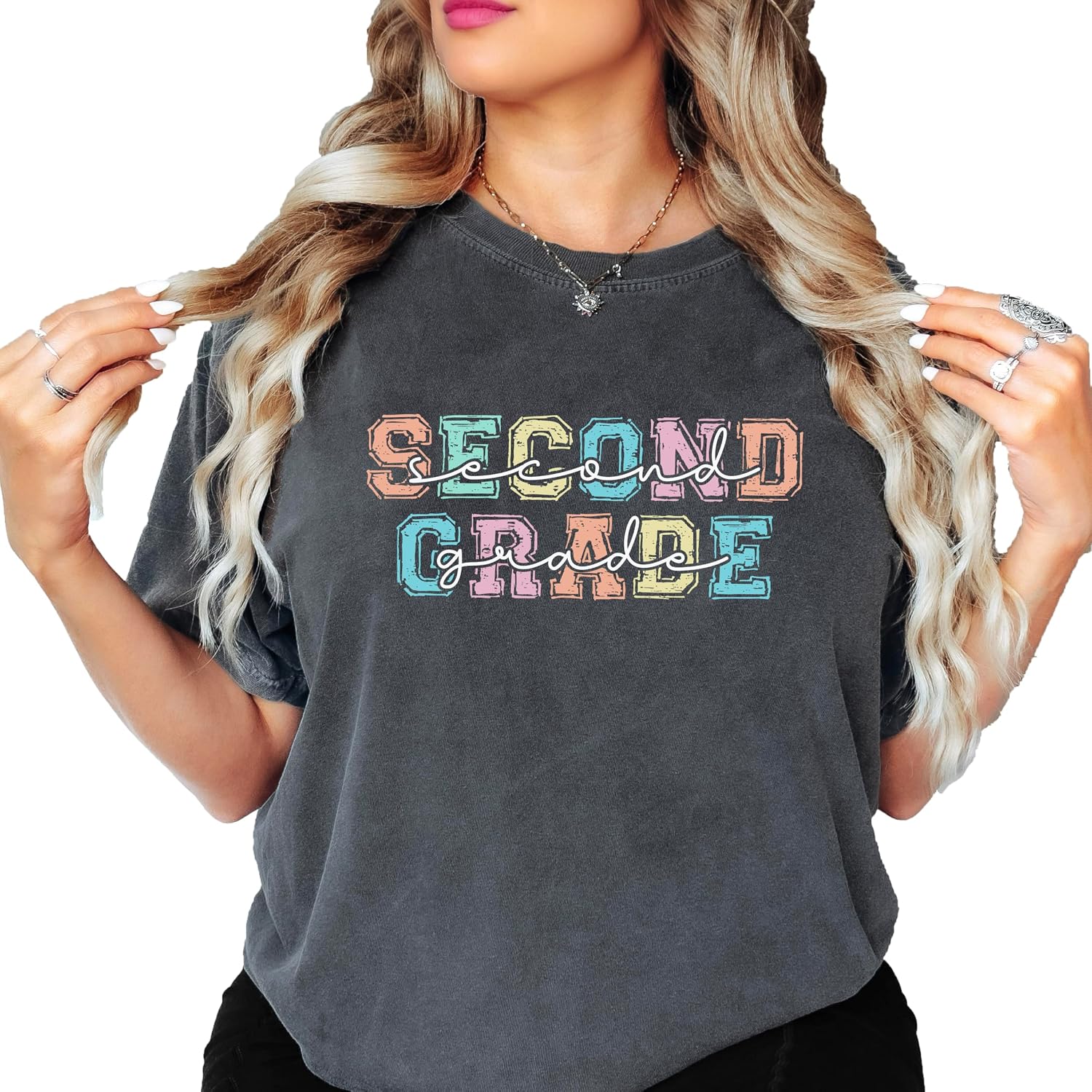 Second Grade Shirt for Teacher 2nd Grade Bold Pastel Letter Tee for Teachers