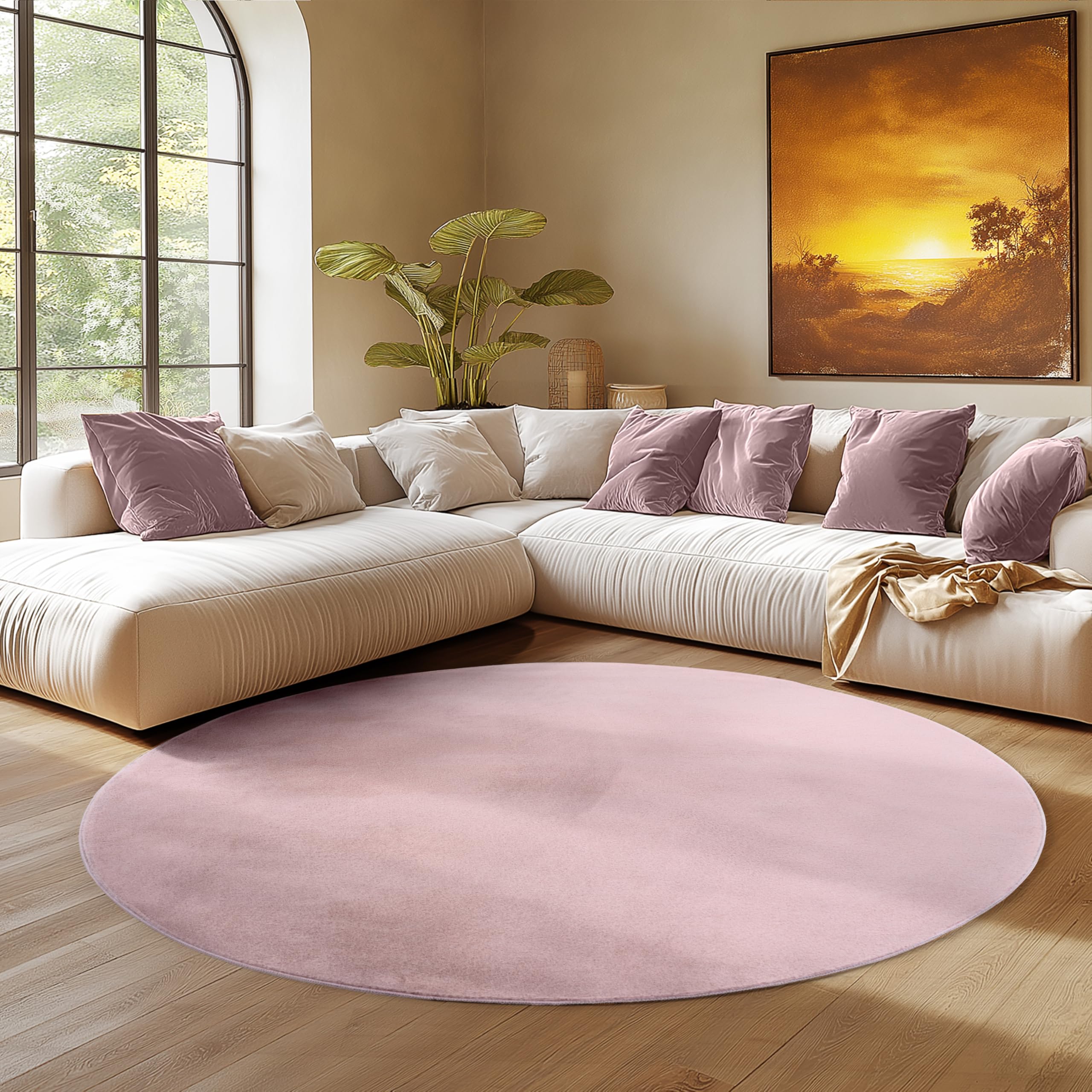 SIMPEX Runder Teppich Rosa 80 cm Kurzflor Teppich Waschbar, rund, weich & rutschfest, modern einfarbiges Design für Wohnzimmer, Küche Schlafzimmer, & Kinderzimmer