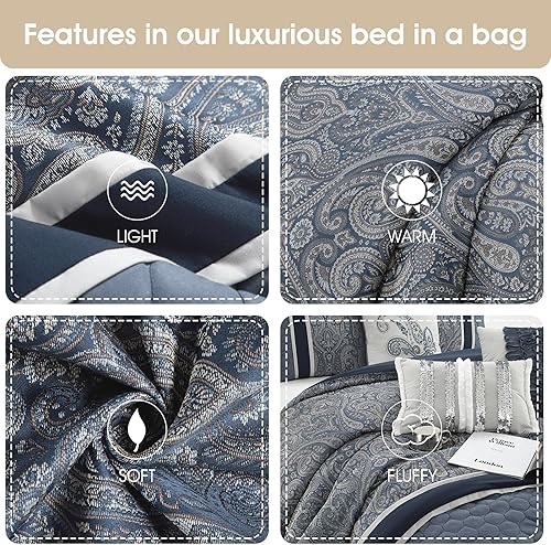 Miniatura 7 de Grand Avenue Juegos de edredón de cachemira azul marino para cama Queen, 7 piezas, juegos de ropa de cama y colecciones jacquard, microfibra ligera