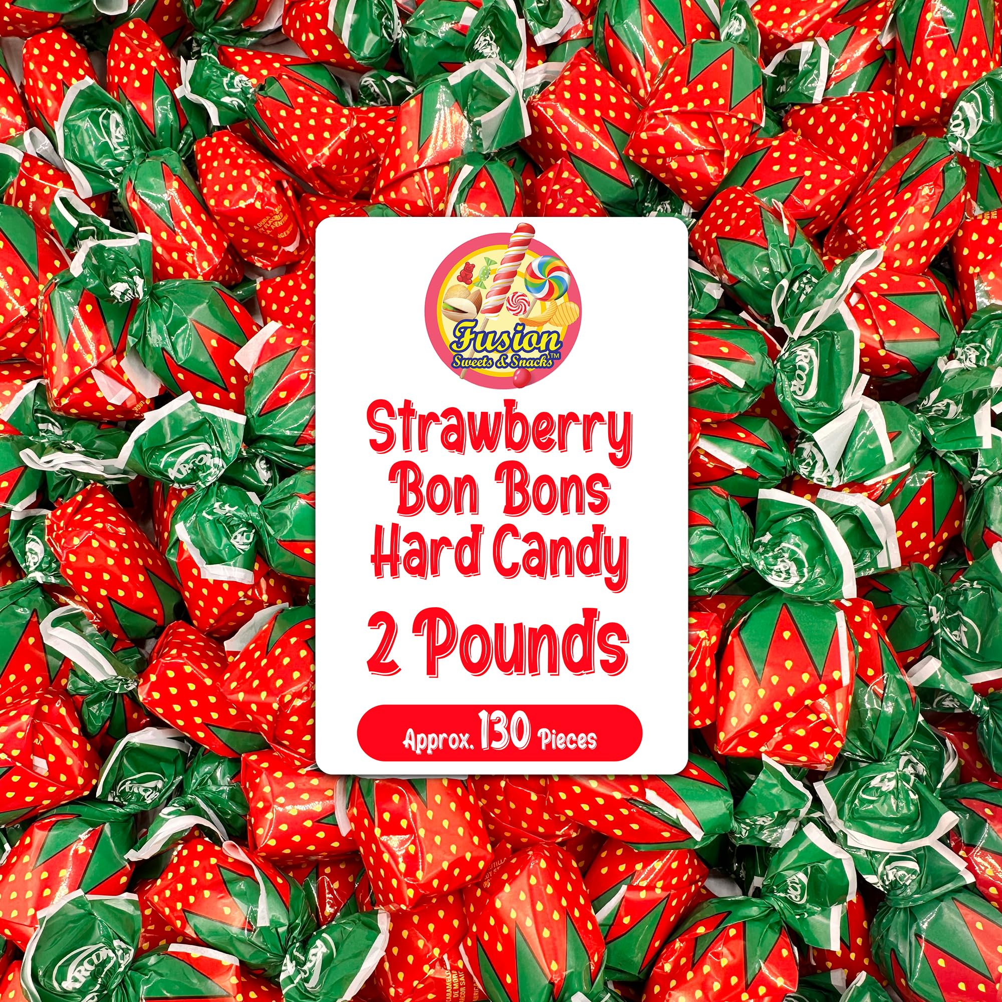 Strawberry Filled Hard Candy - Individually Wrapped Strawberry Bon Bons Candy 2 Pound Bulk Bag (Approx. 130 Pieces) - Holiday Candy with Soft Fruit Filled Center