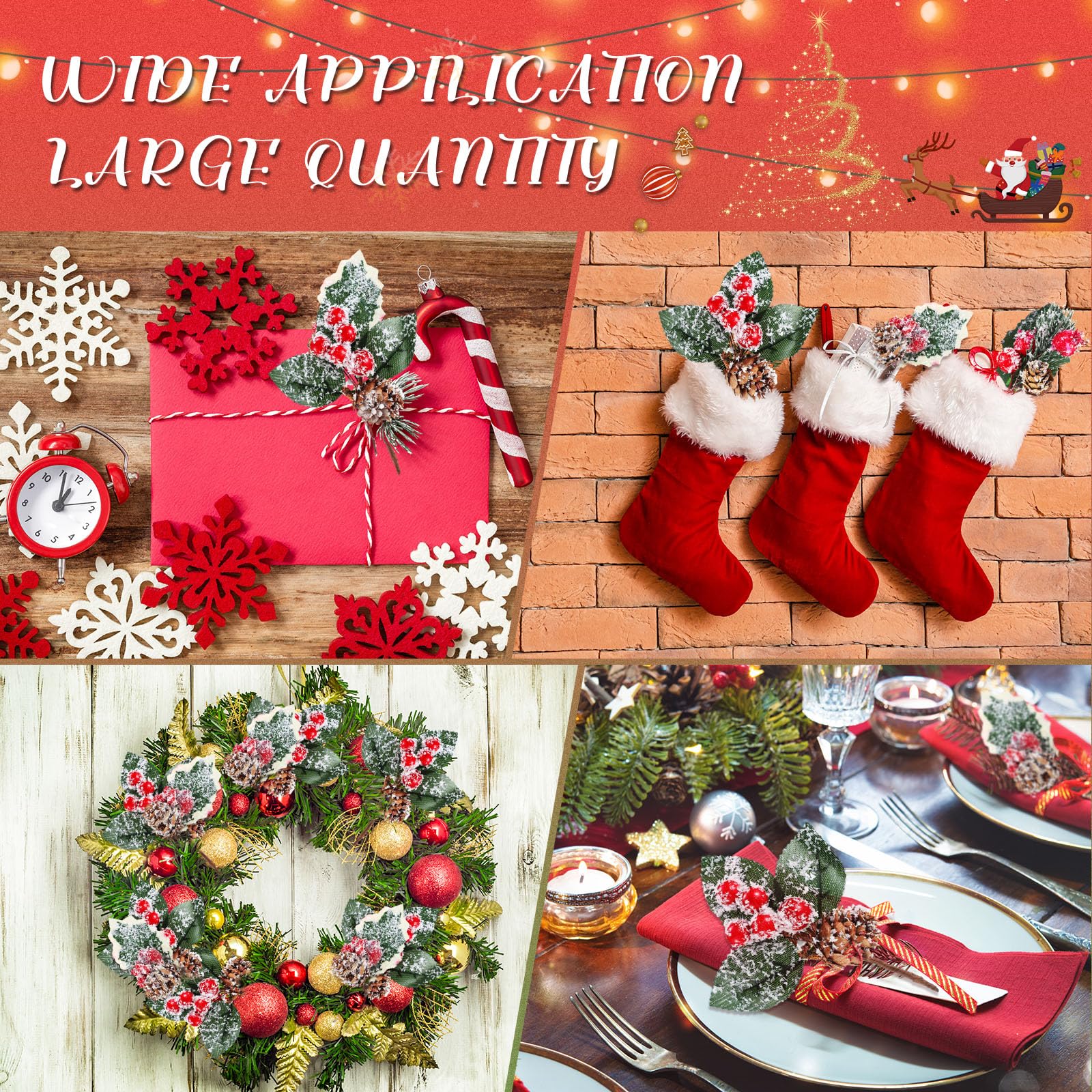 Yunlly Künstliche grüne Tannennadeln, Weihnachtsblumen, künstliche Stechpalme, rote Beeren, Zweigstiel, Tanne, schneebedeckte Zweige Girlande, Großpackung für Baum, Handwerk, Urlaub, Winter