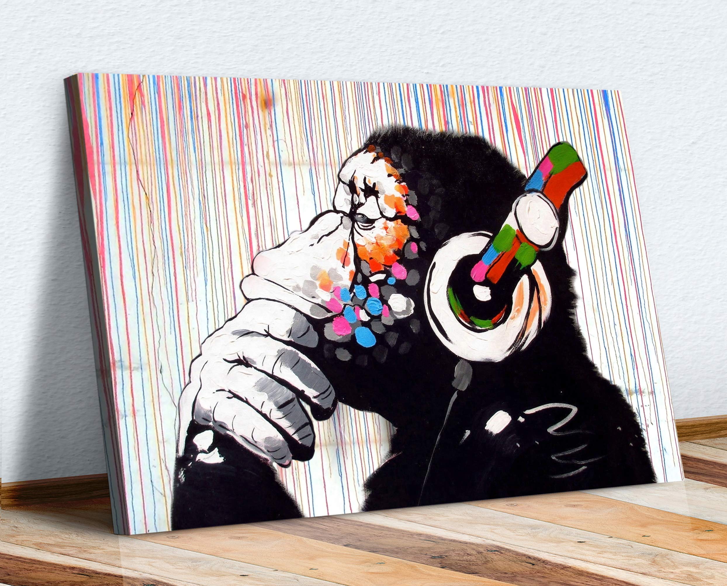 DJ MONKEY THINKING GORILLA COLOURED RAIN CANVAS WALL ART PRINT ARTWORK (47in x 32in / 119cm x 81cm)