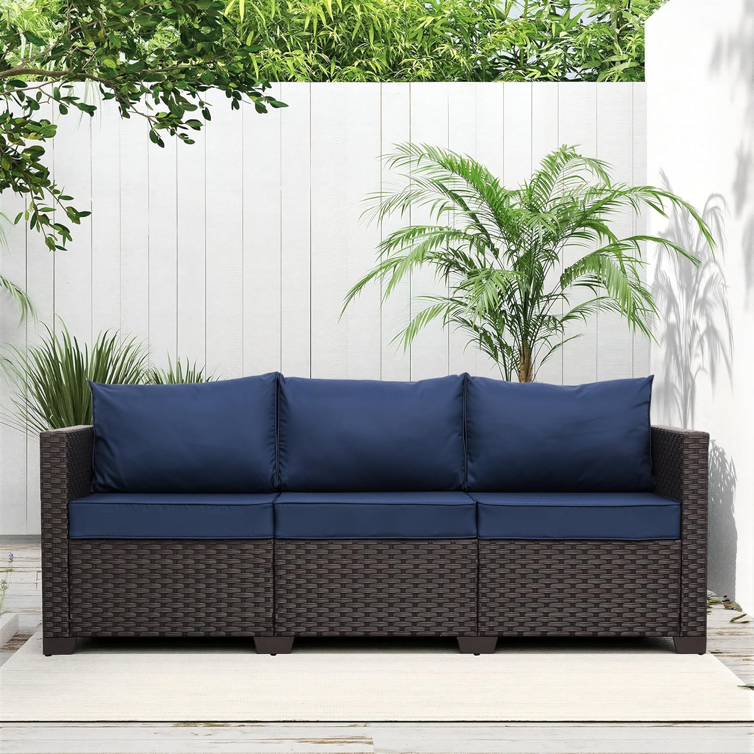 Valita Patio Furniture 3-seat Sofa Brown Wicker Outdoor Furniture Outdoor Couch Deep Seat High Backrest Waterproof Cover Anti-Slip Washable Cushions, Navy Blue