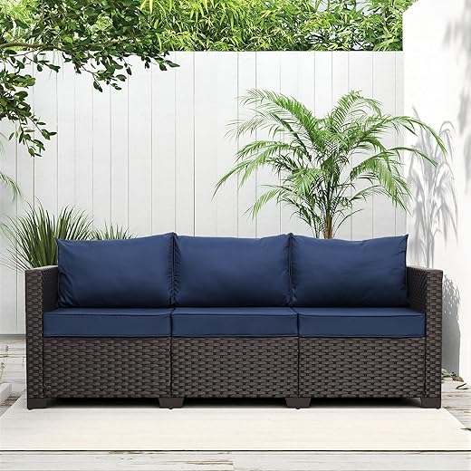 Valita 3-Seat Patio PE Wicker Couch Furniture Outdoor Brown Rattan Sofa with Washable Peacock Blue Cushions