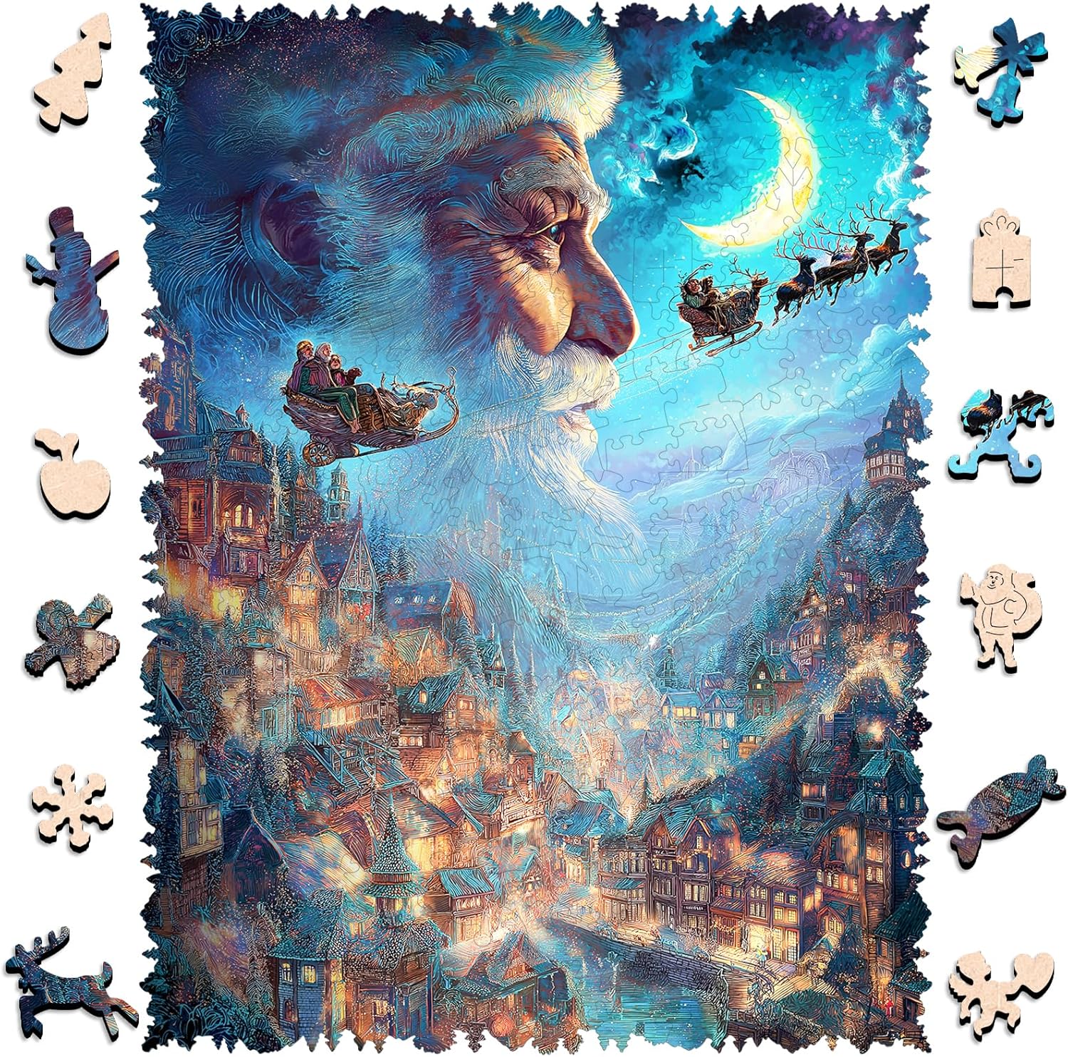 Christmas Santa Sleigh Wooden Puzzles, 500Piece Santa Claus Unique Shaped Holiday Jigsaw Puzzle with Box, Festive Family Games for Parents & Kids 12.6x16.7 Inch