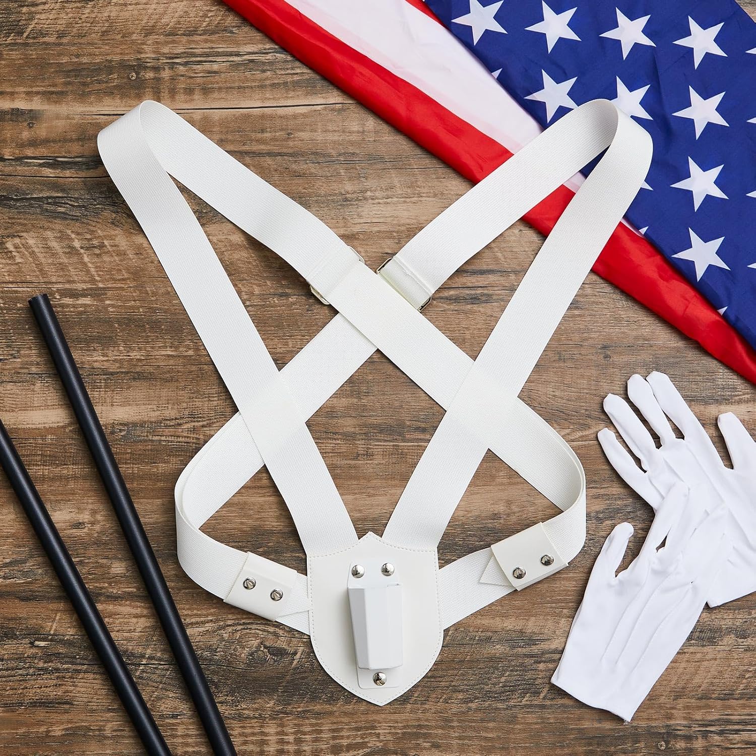Jecery 1 Set Double Strap Honor Guard Parade Flag Carrier with 2 Pairs White Parade Gloves Sling 1 Carrying Belt Color Guard Flag Holder White Double Harness Pole Holder