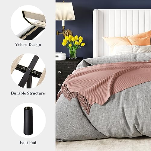 Miniatura 7 de Allewie Marco de cama de terciopelo tamaño Queen, cabecera capitonada con canal vertical, plataforma tapizada, listones de madera fuertes, no